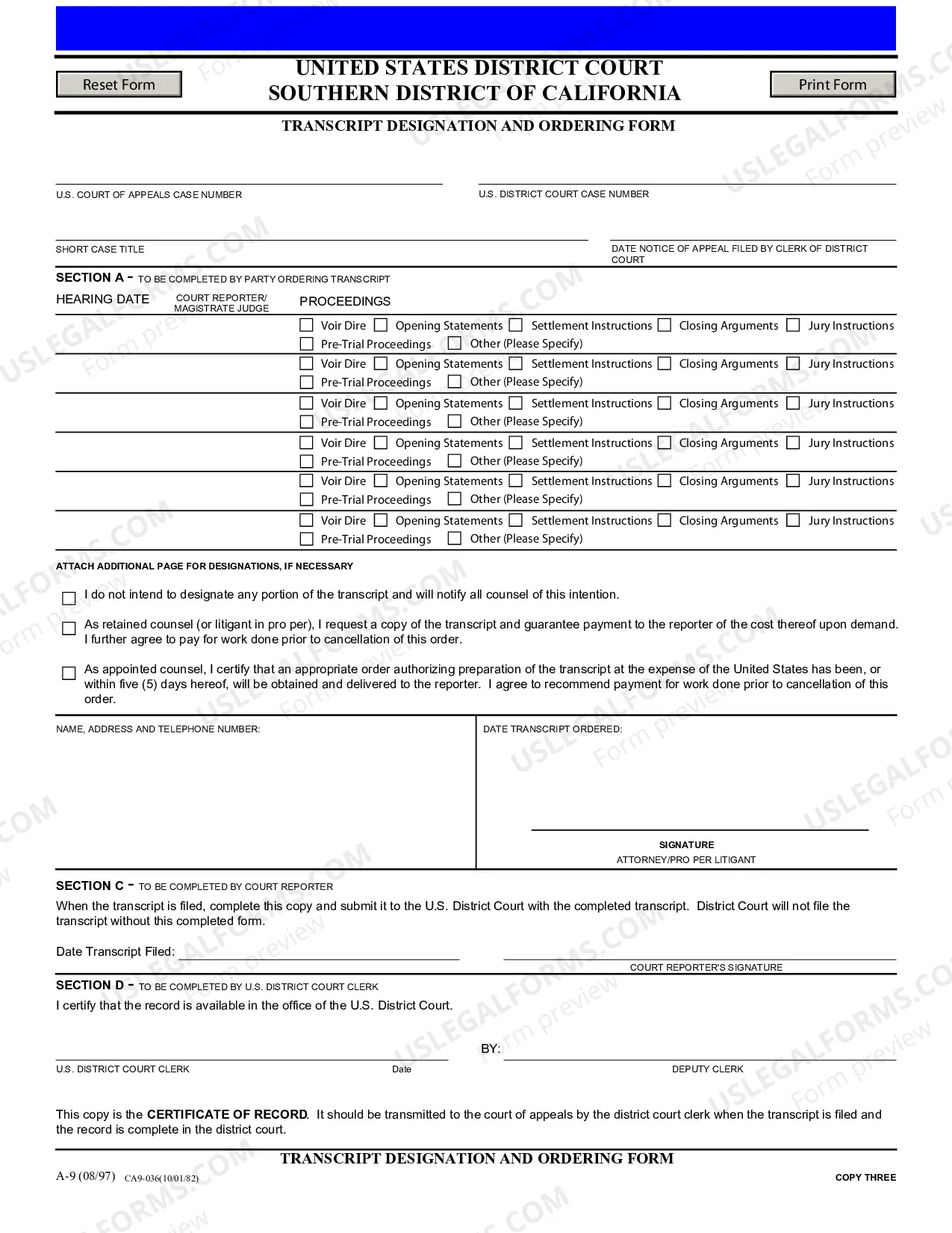 Preview Transcript Designation And Ordering Form (Southern District)