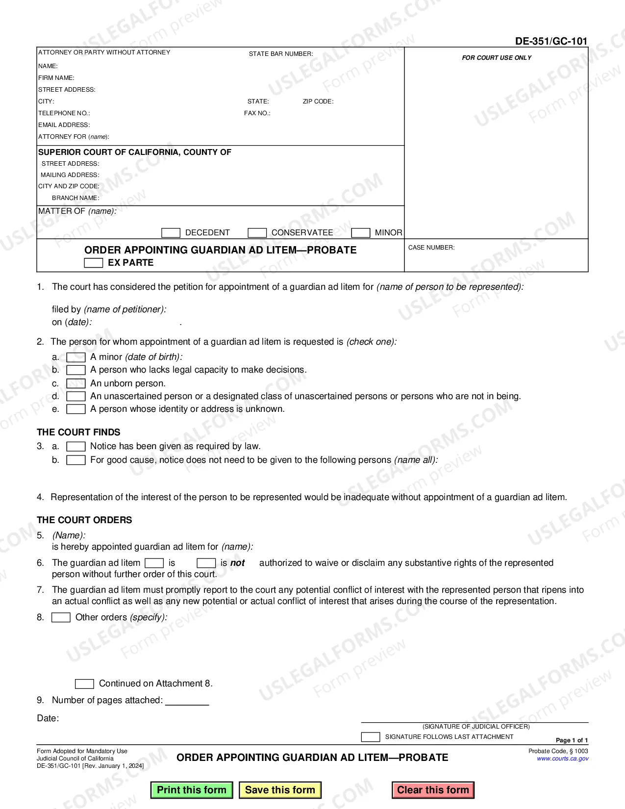 Preview Order Appointing Guardian Ad Litem Probate