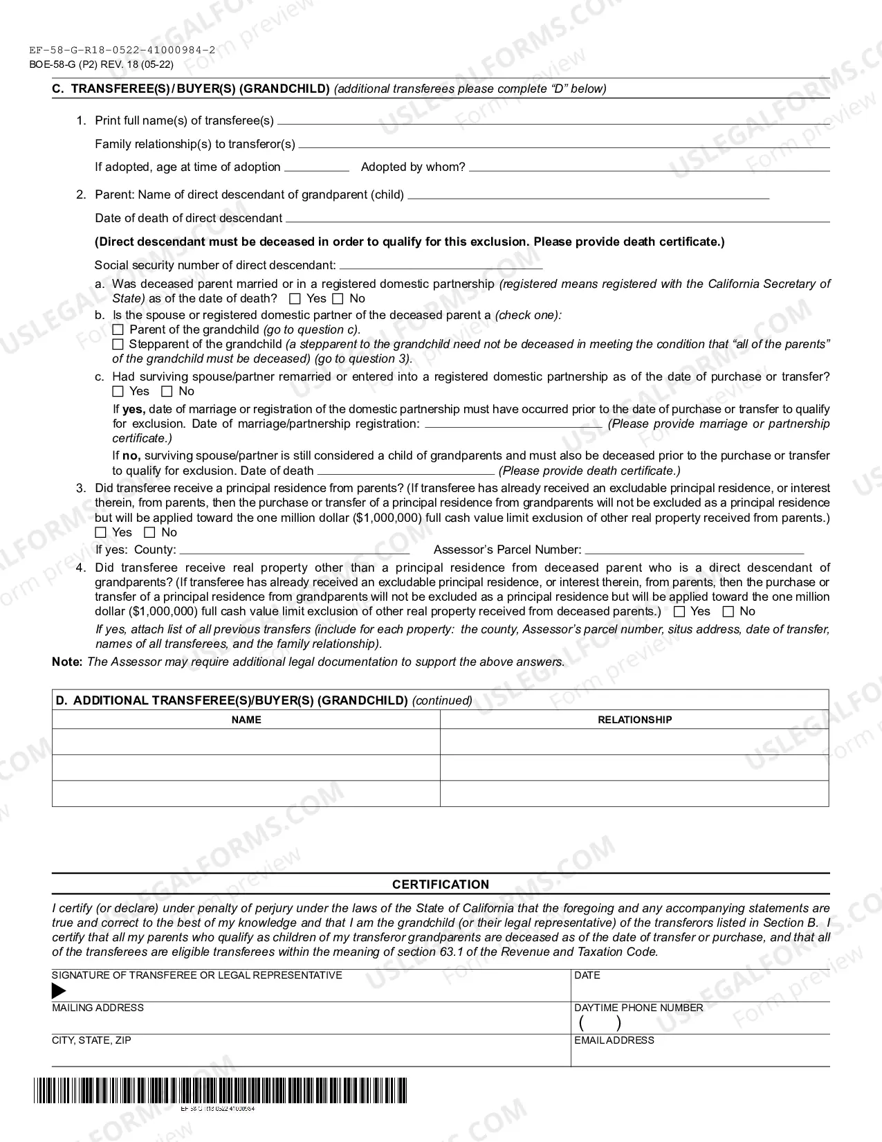 Preview Claim For Reassessment Exclusion For Transfer From Grandparent To Granchild (San Mateo)