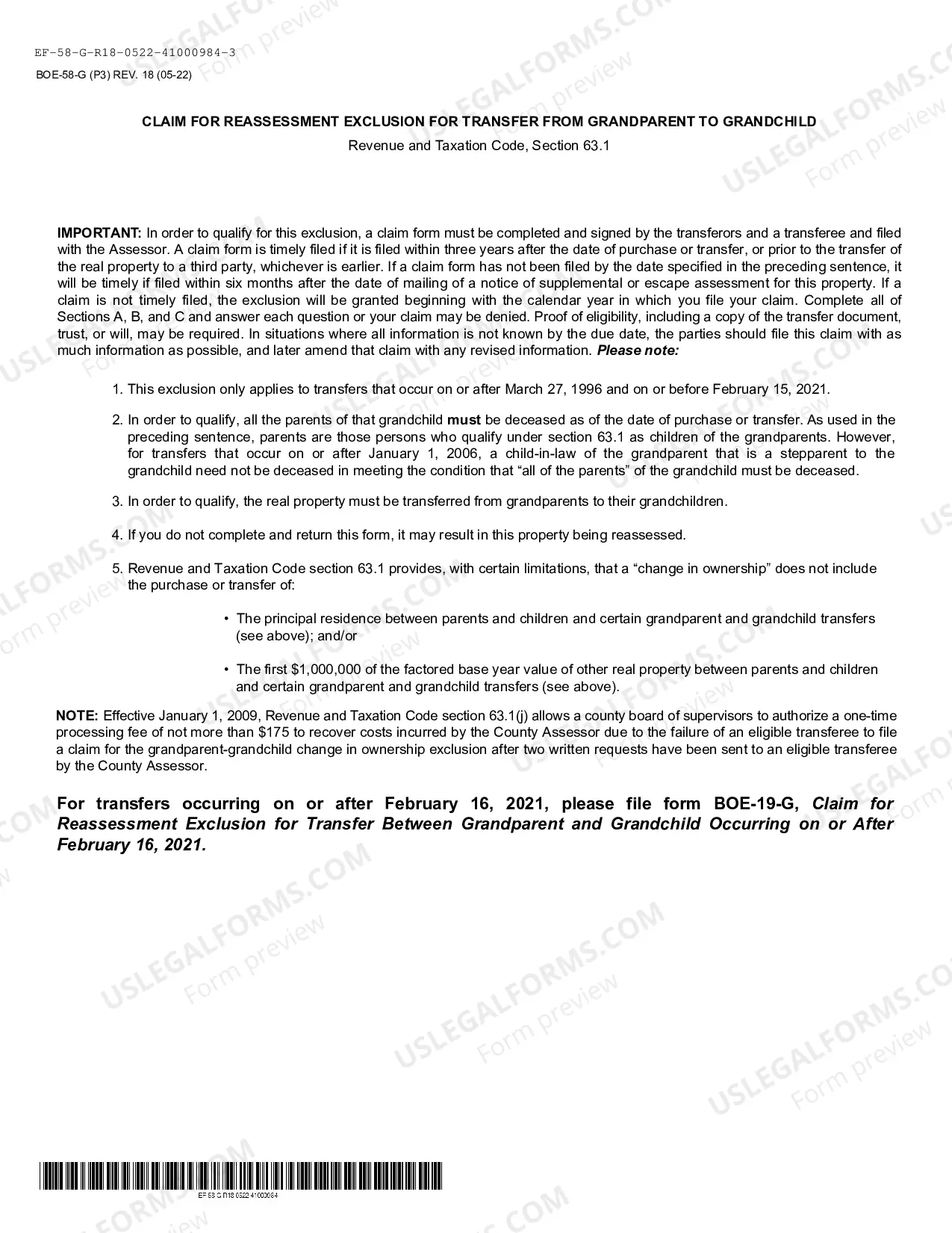 Preview Claim For Reassessment Exclusion For Transfer From Grandparent To Granchild (San Mateo)