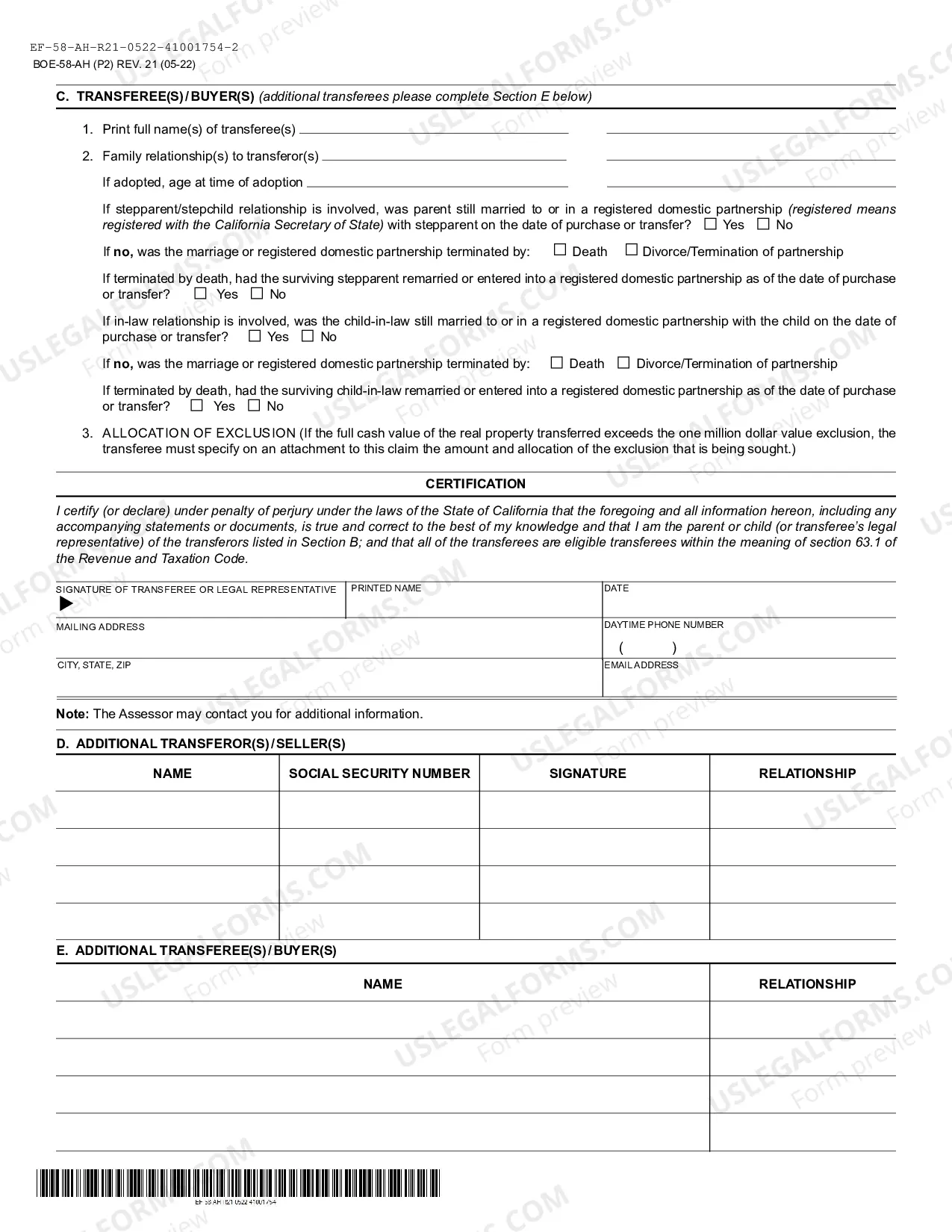 Preview Claim For Reassessment Exclusion For Transfer Between Parent And Child (San Mateo)