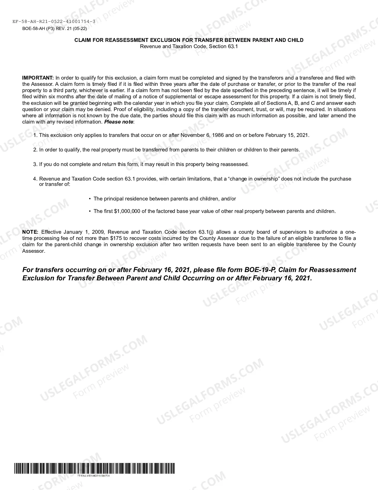 Preview Claim For Reassessment Exclusion For Transfer Between Parent And Child (San Mateo)
