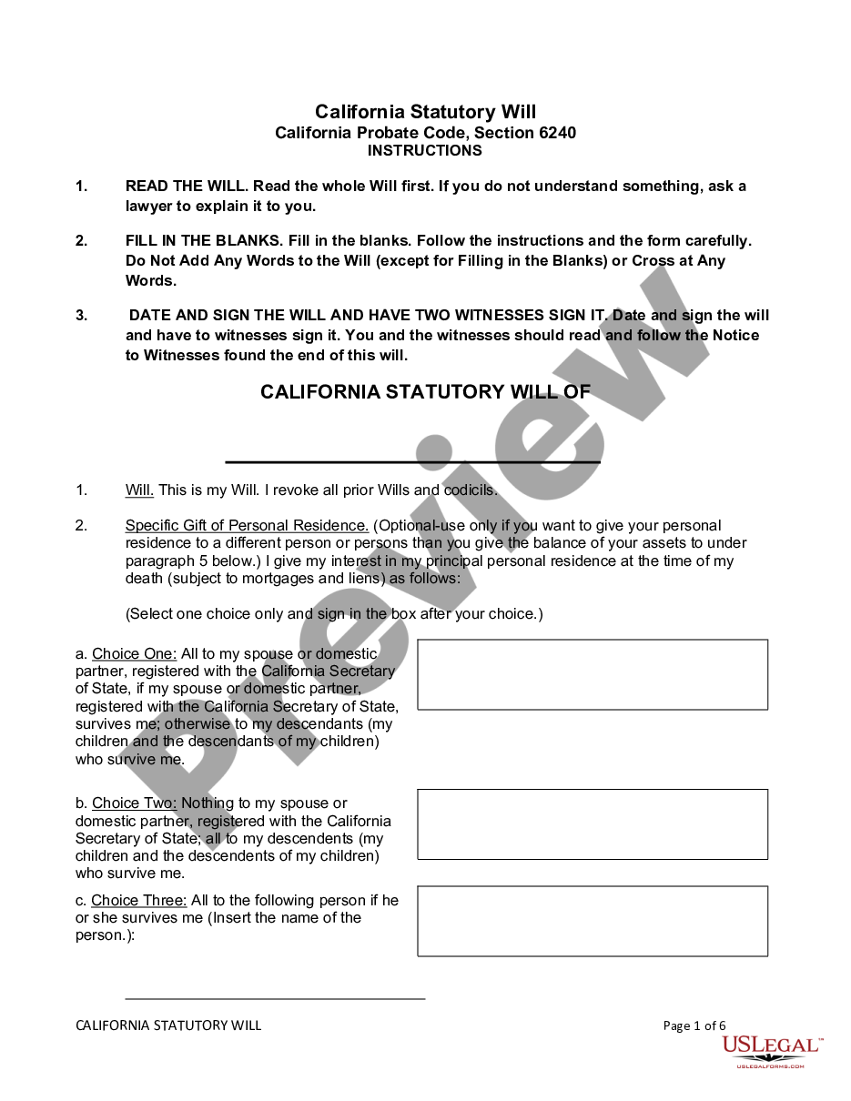 page 0 California Statutory Will preview