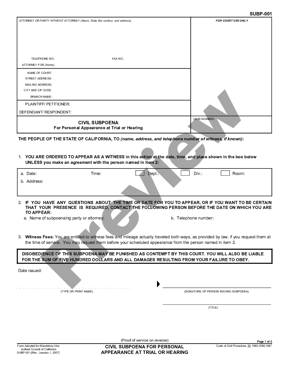 page 0 Civil Subpoena for Personal Appearance at Trial or Hearing preview