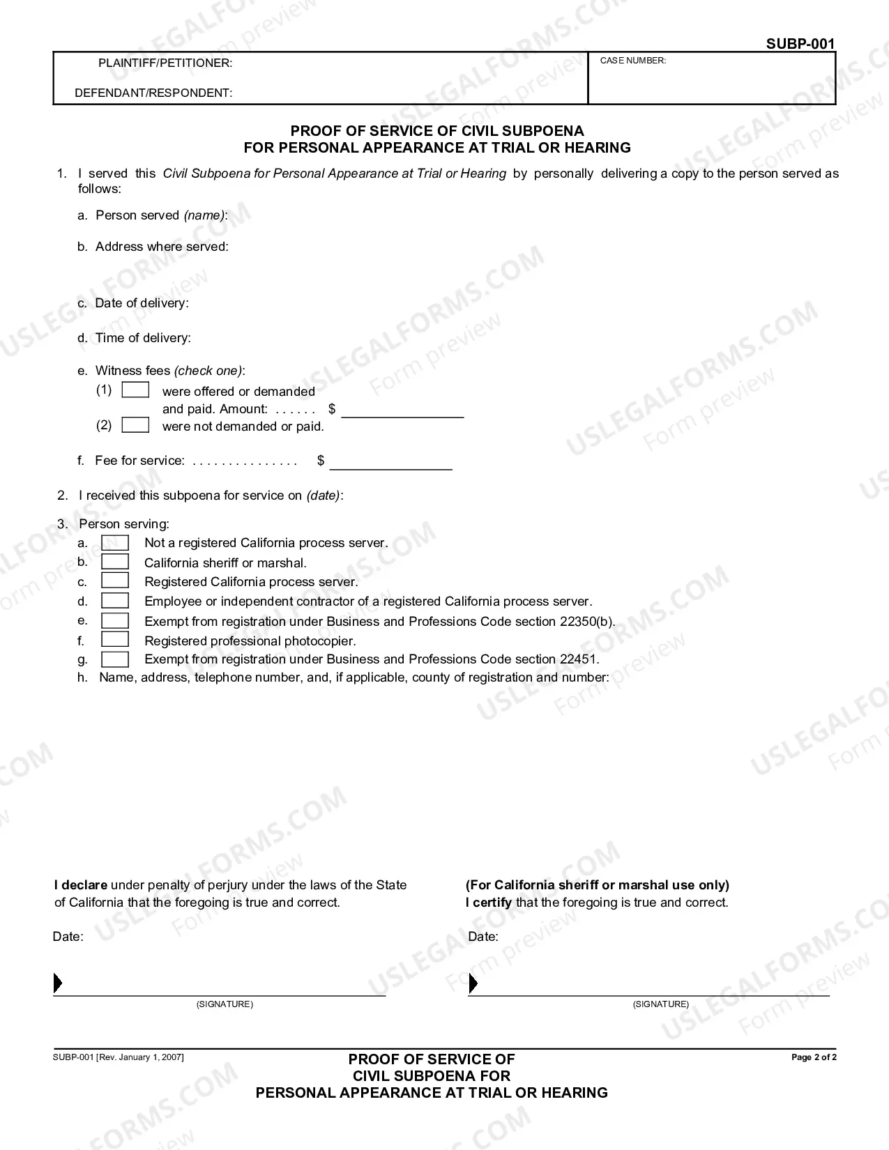 Preview Civil Subpoena for Personal Appearance at Trial or Hearing
