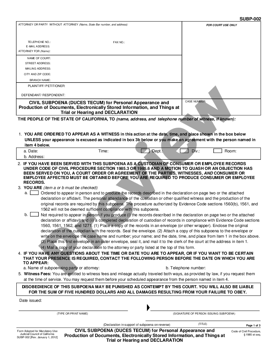 page 0 Civil Subpoena - Duces Tecum for Personal Appearance and Production of Documents Electronically Stored Information and Things at Trial or Hearing and Declaration preview