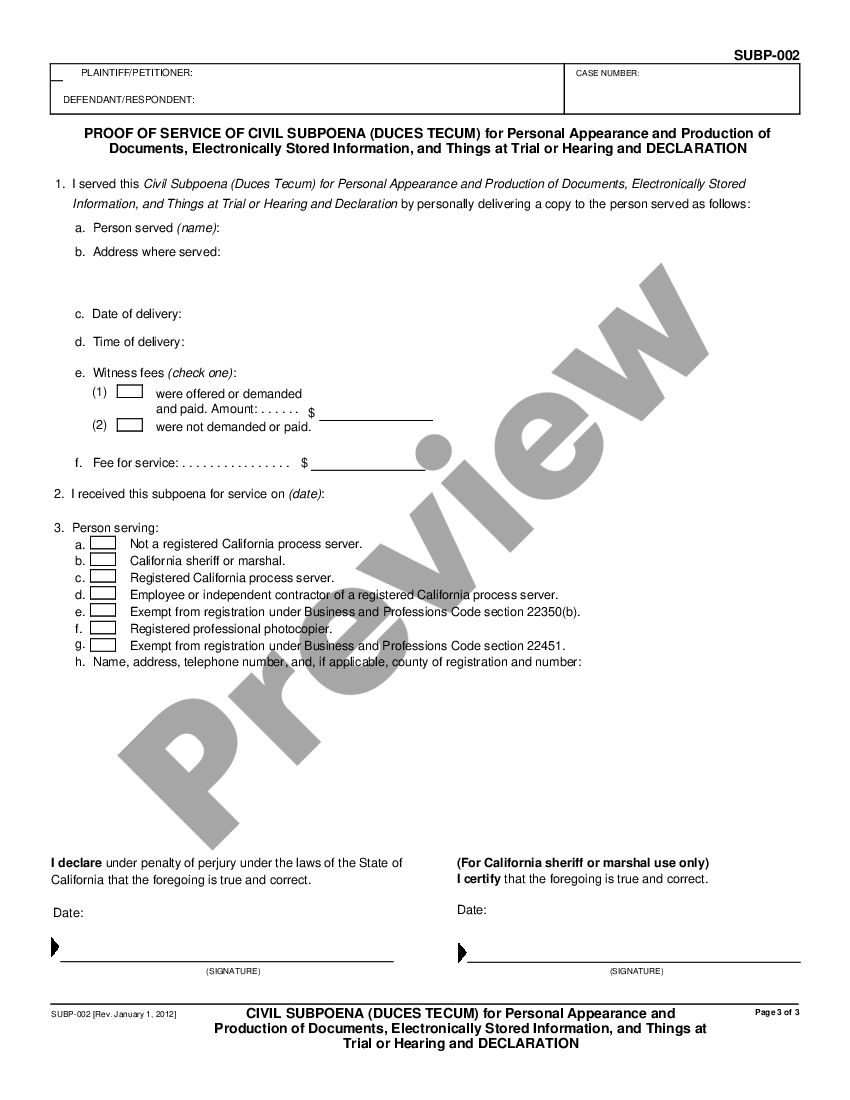 page 2 Civil Subpoena - Duces Tecum for Personal Appearance and Production of Documents Electronically Stored Information and Things at Trial or Hearing and Declaration preview