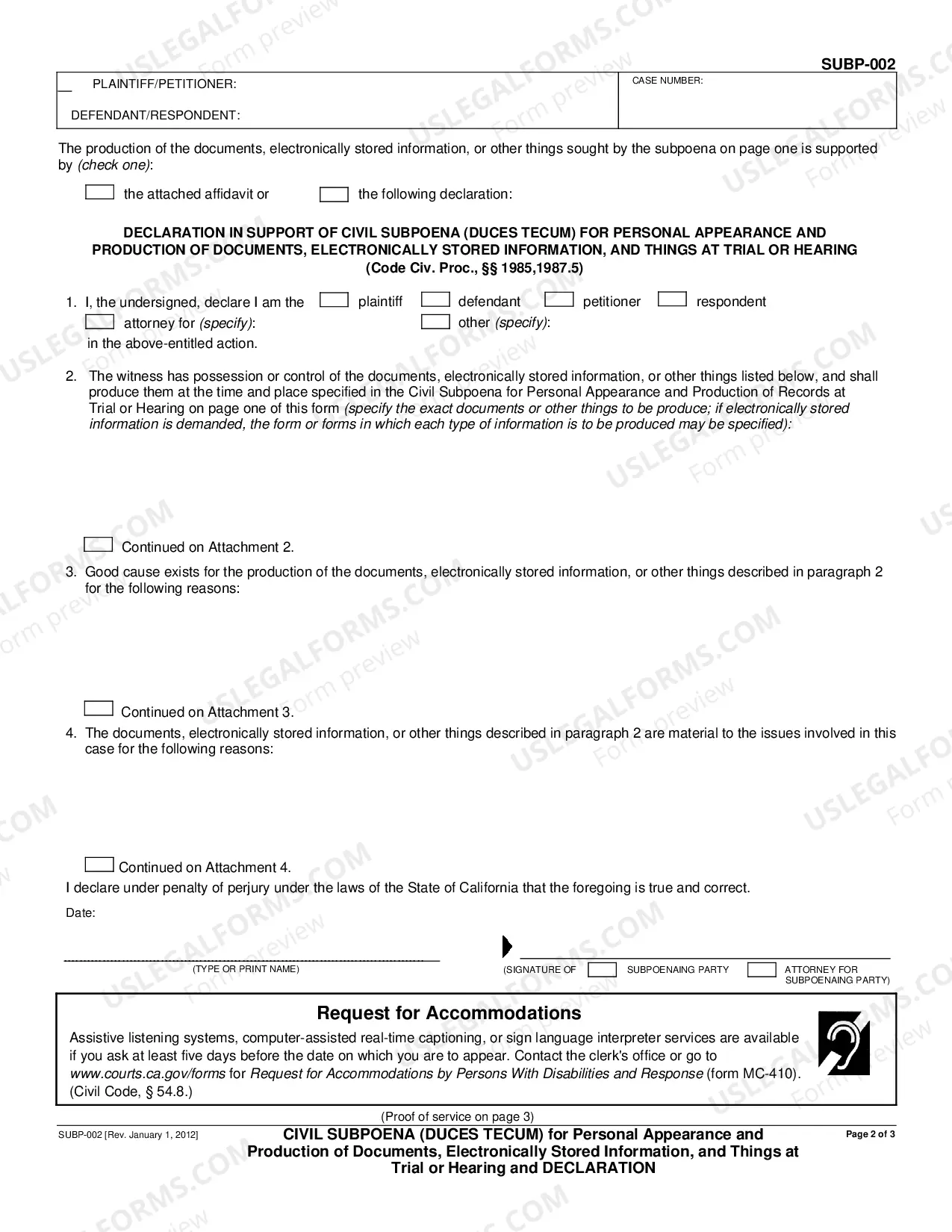 Preview Civil Subpoena - Duces Tecum for Personal Appearance and Production of Documents Electronically Stored Information and Things at Trial or Hearing and Declaration