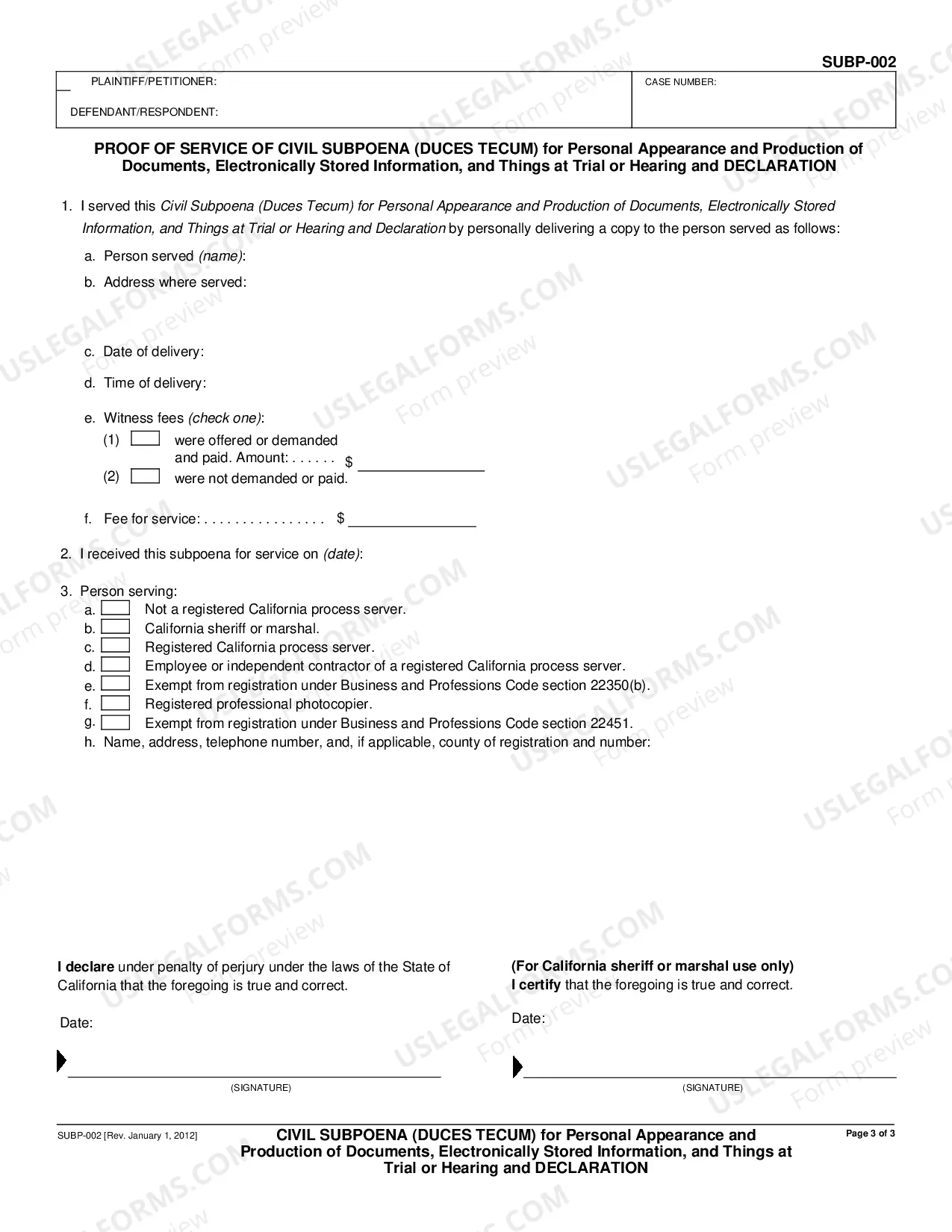 Preview Civil Subpoena - Duces Tecum for Personal Appearance and Production of Documents Electronically Stored Information and Things at Trial or Hearing and Declaration
