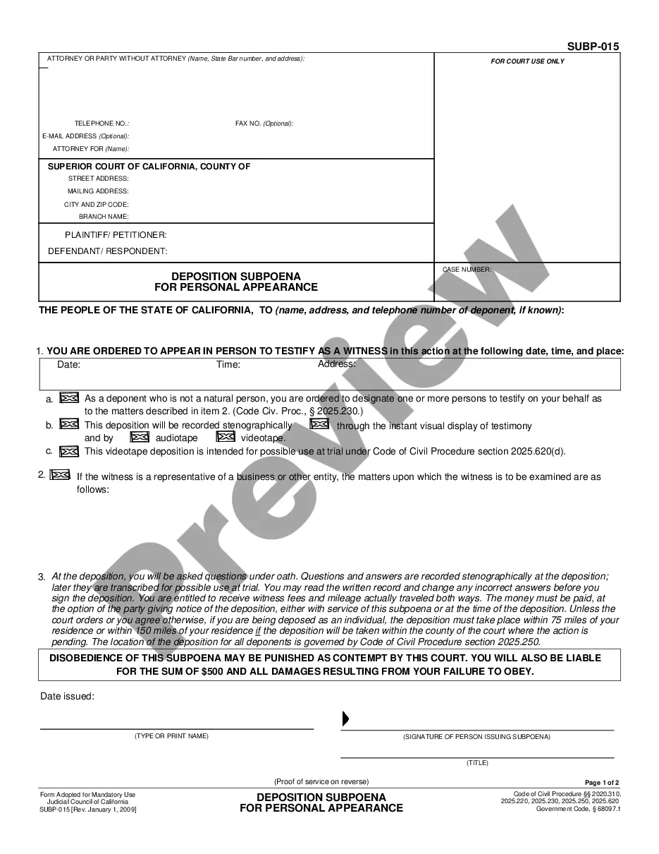 California Deposition Subpoena for Personal Appearance Deposition Fee