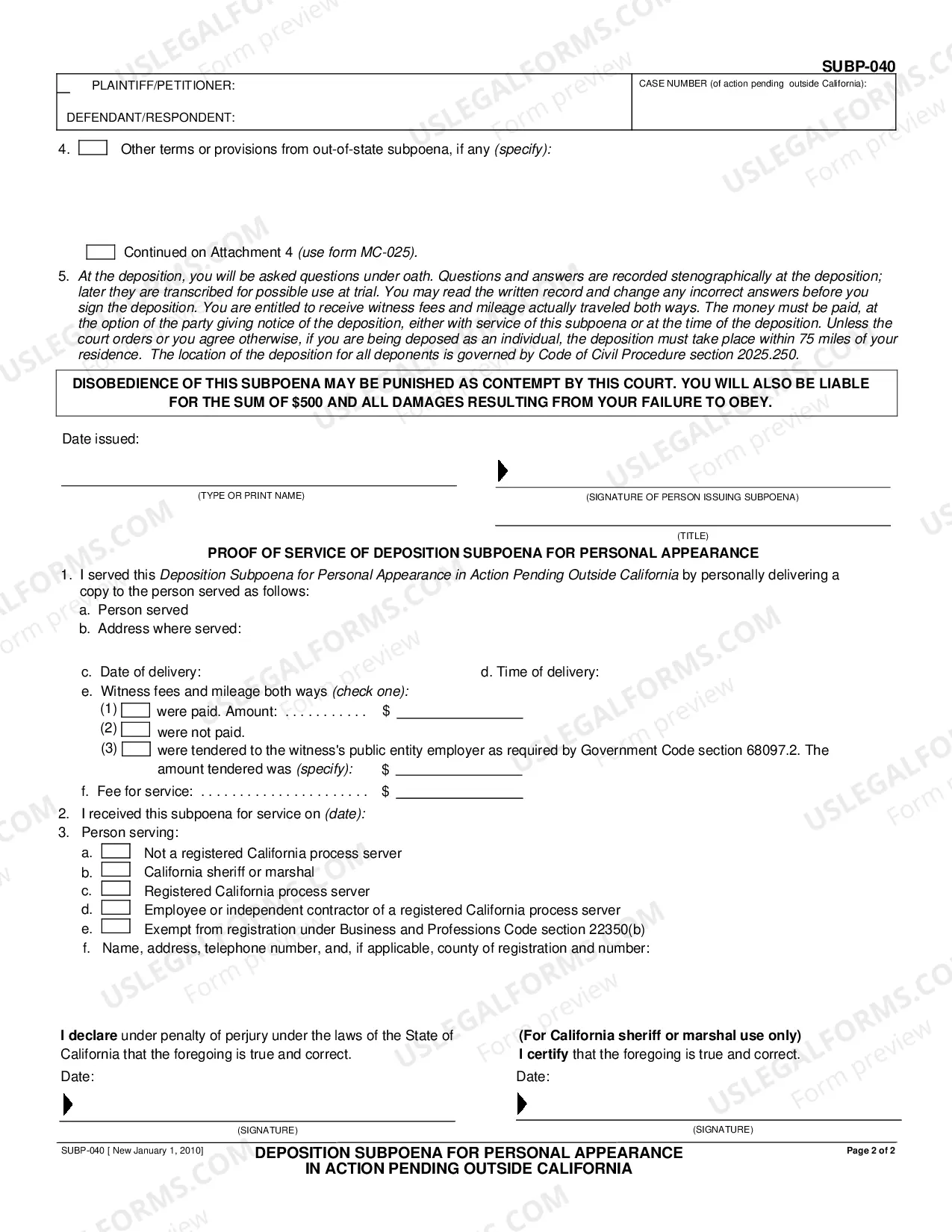 Preview Deposition Subpoena for Personal Appearance in Action Pending Outside California