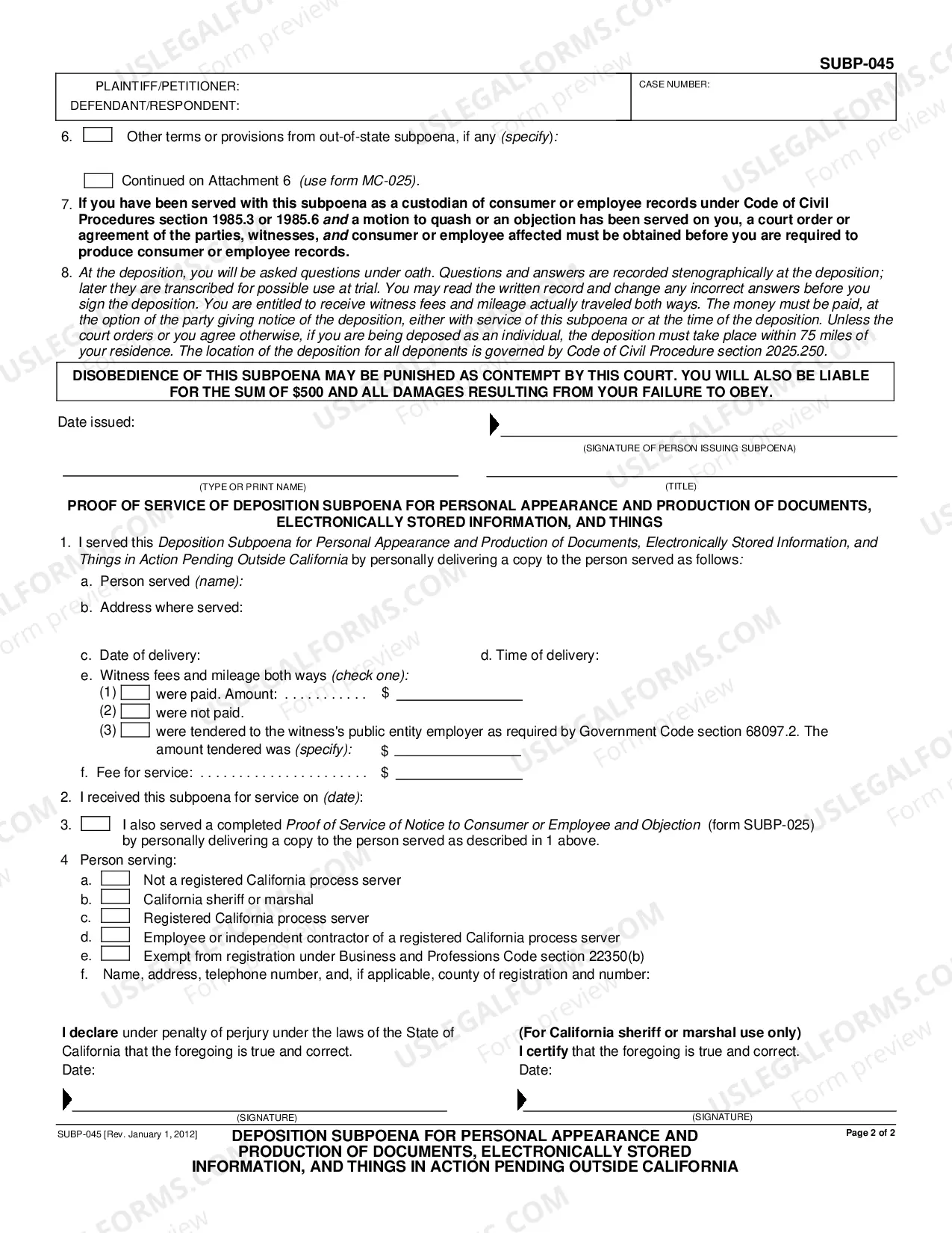 Preview Deposition Subpoena for Personal Appearance and Production of Documents And Things in Action Pending Outside California