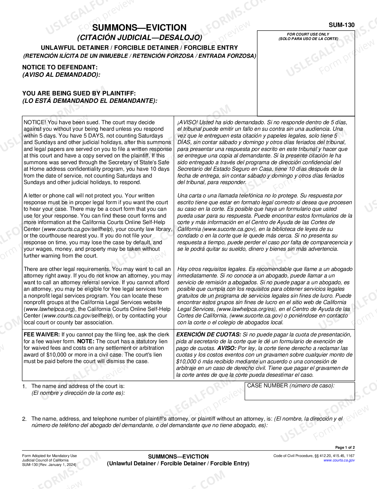 California Summons Unlawful Detainer Eviction Sum 130 US Legal