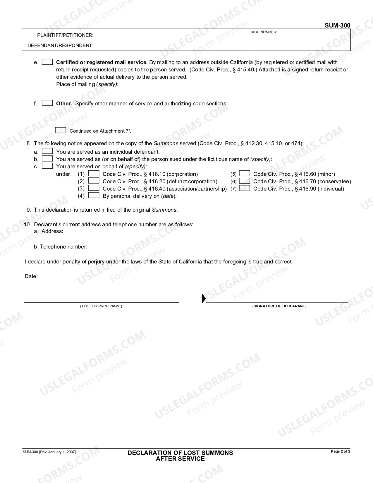 Preview Declaration of Lost Summons After Service