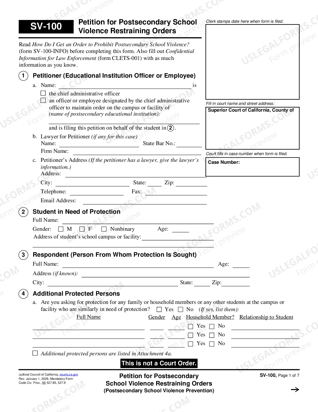 Preview Petition for Private Postsecondary School Violence Restraining Orders