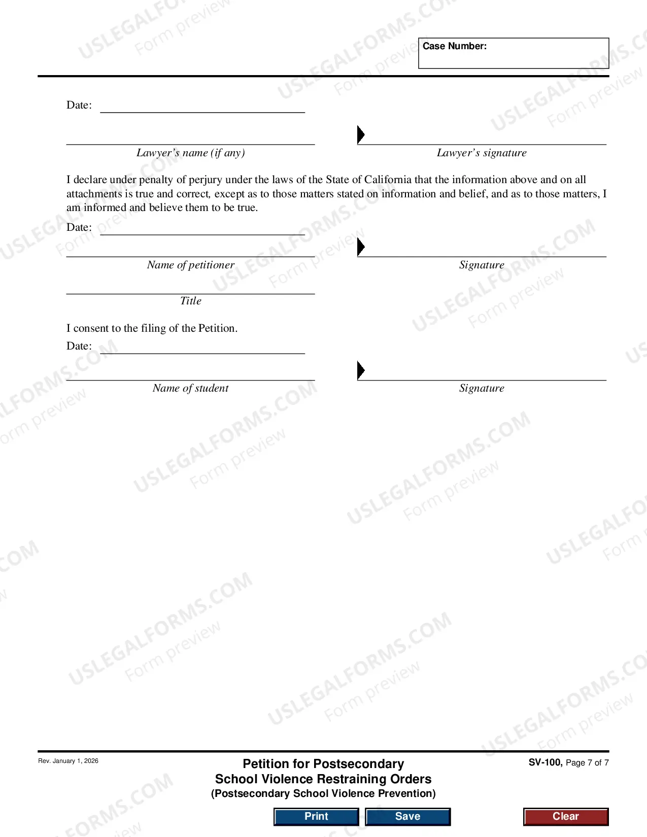 Preview Petition for Private Postsecondary School Violence Restraining Orders