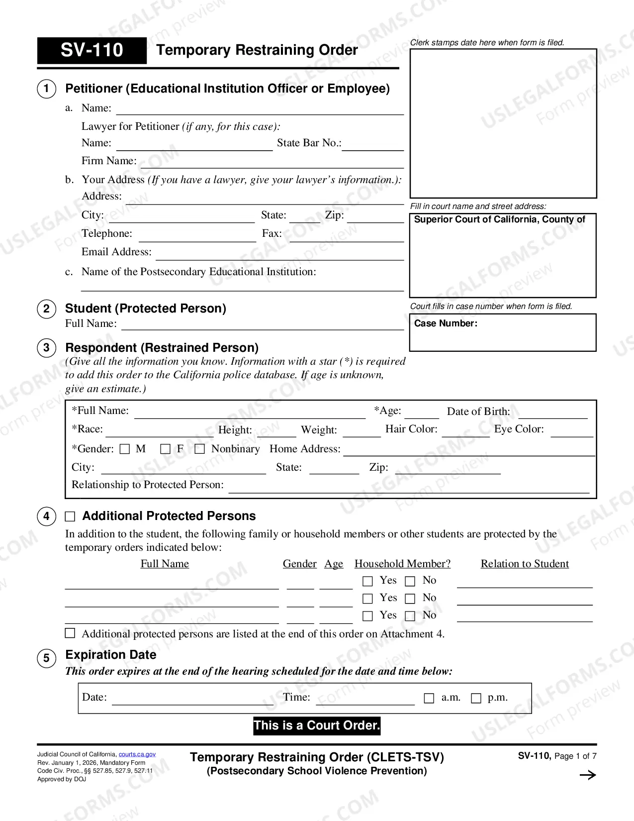Preview Temporary Restraining Order - CLETS-TSV - Private Postsecondary School Violence Prevention