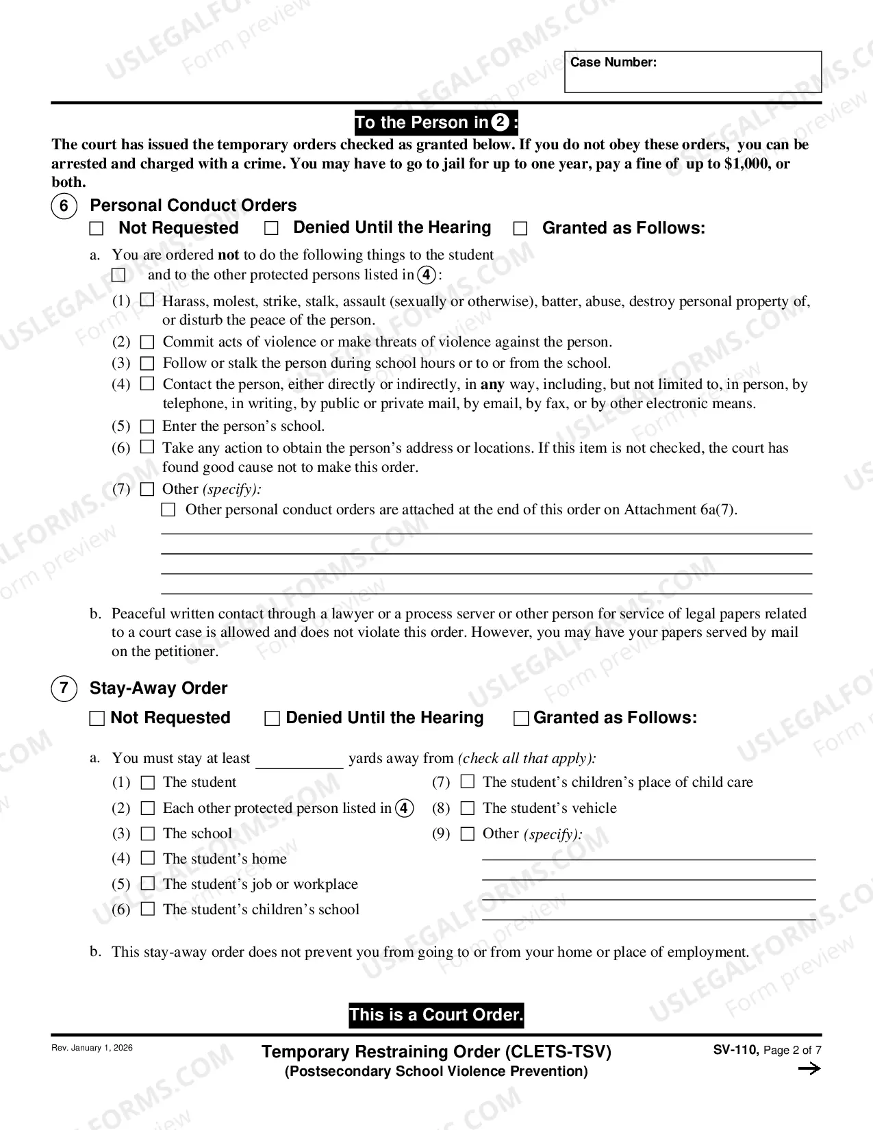 Preview Temporary Restraining Order - CLETS-TSV - Private Postsecondary School Violence Prevention