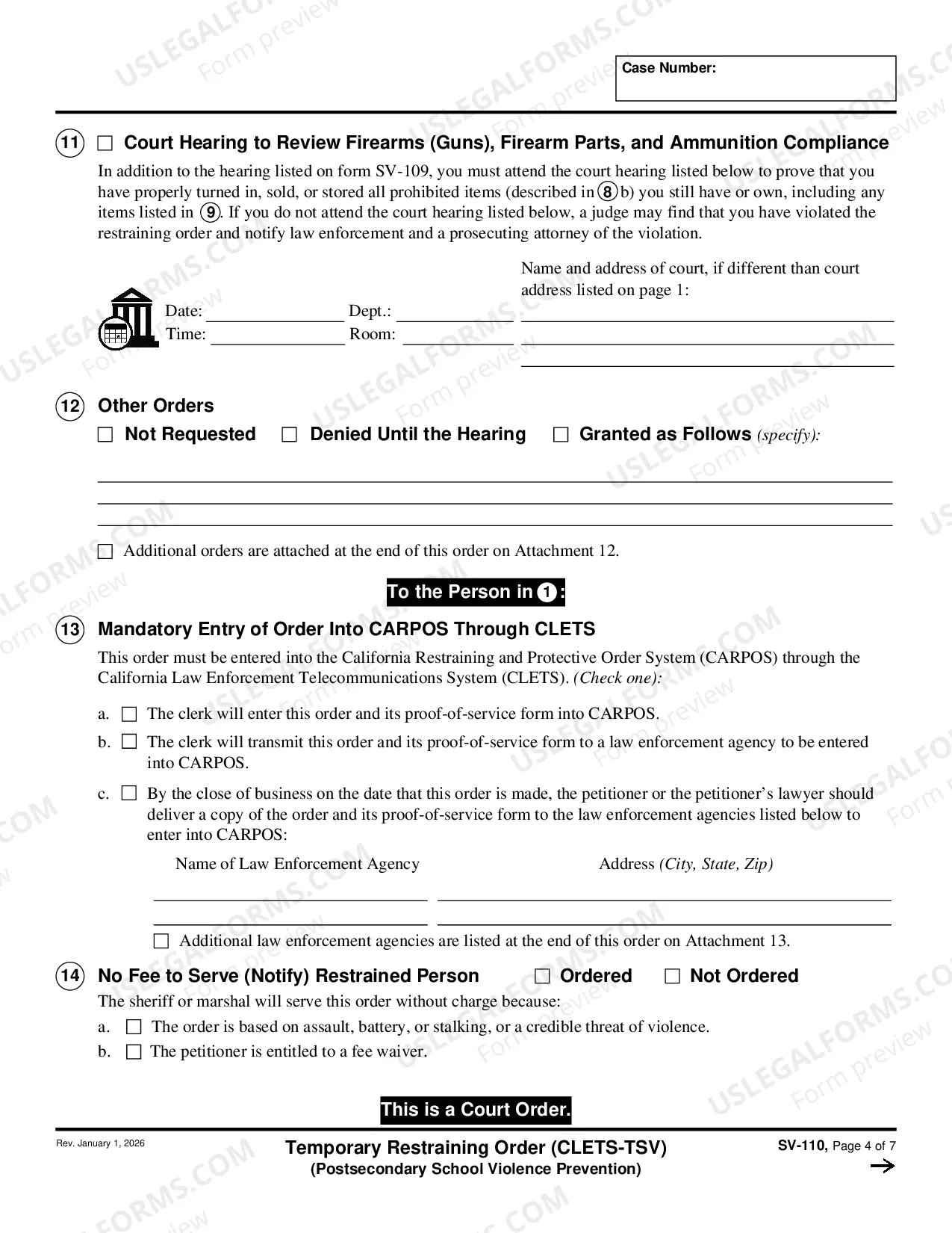 Preview Temporary Restraining Order - CLETS-TSV - Private Postsecondary School Violence Prevention