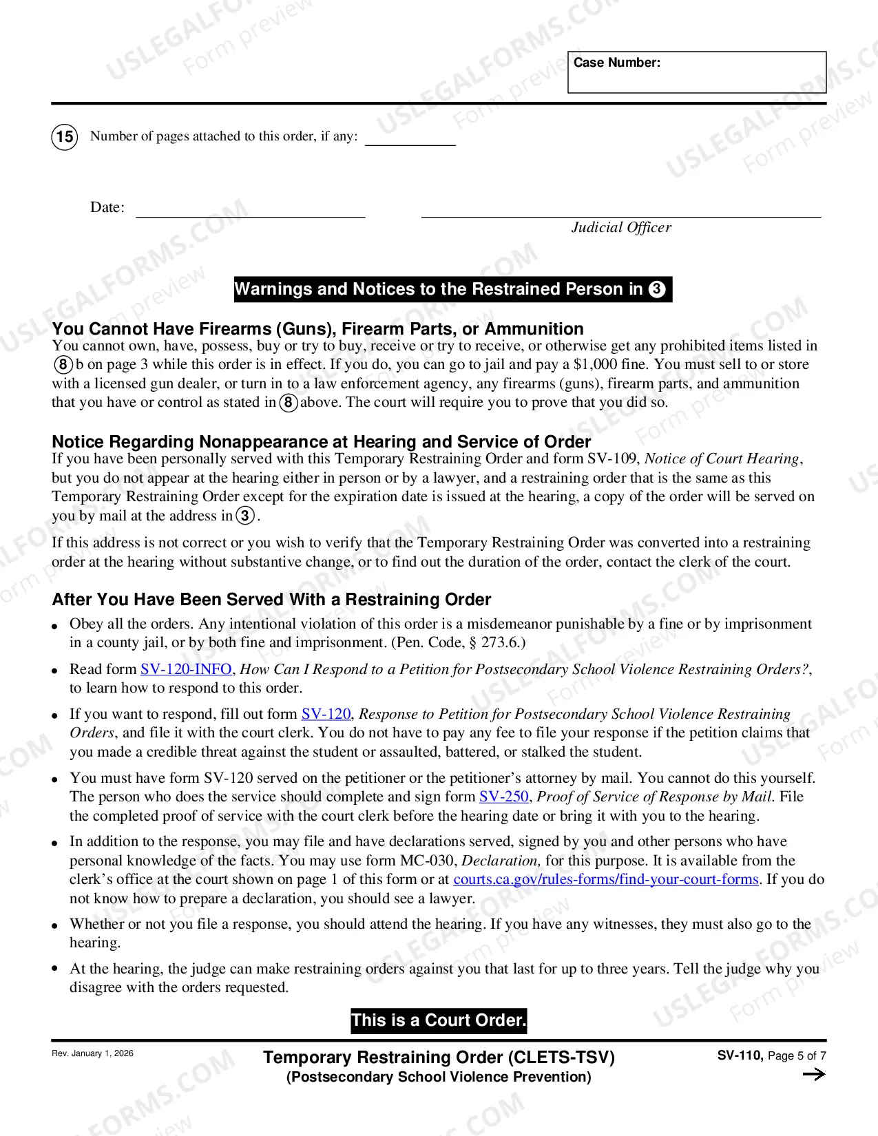 Preview Temporary Restraining Order - CLETS-TSV - Private Postsecondary School Violence Prevention