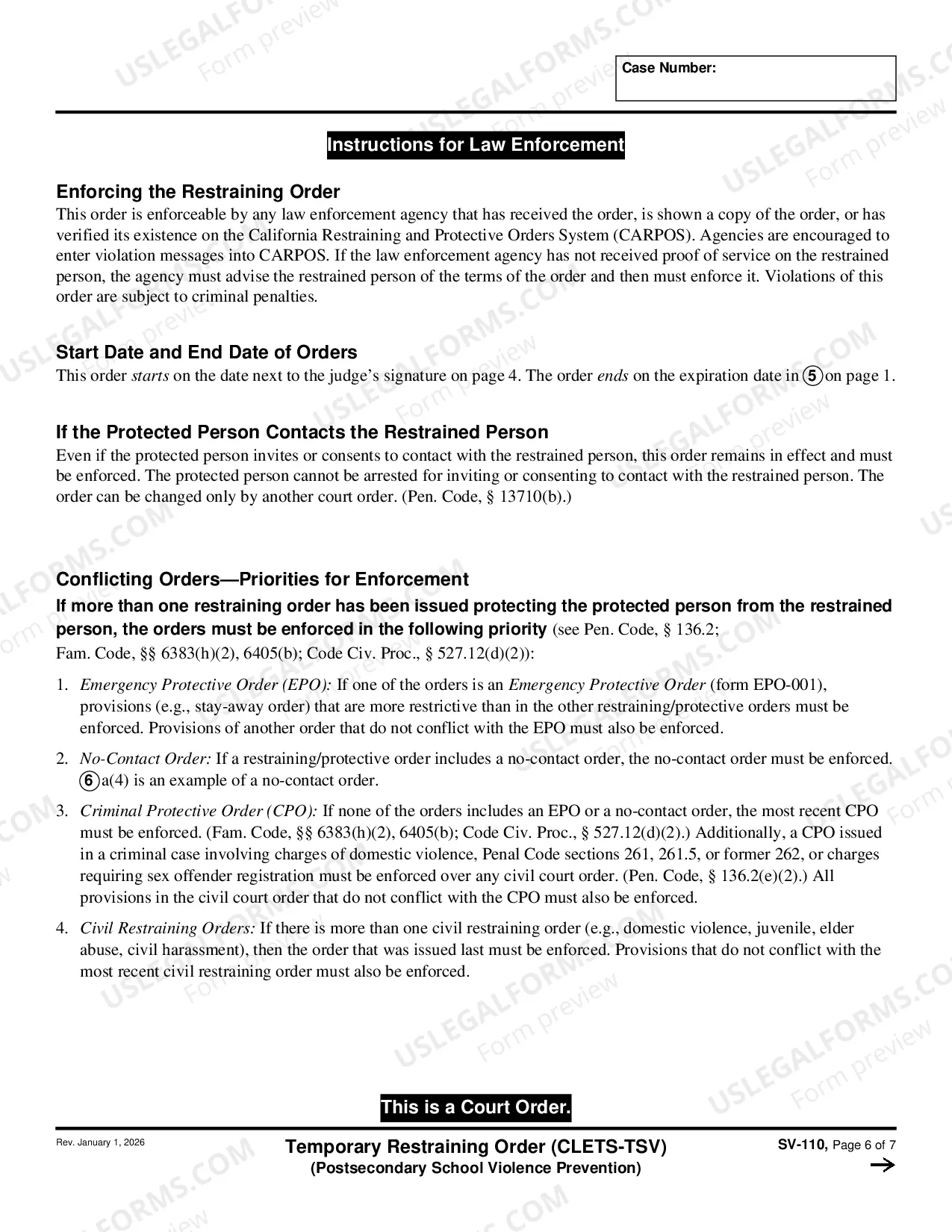 Preview Temporary Restraining Order - CLETS-TSV - Private Postsecondary School Violence Prevention