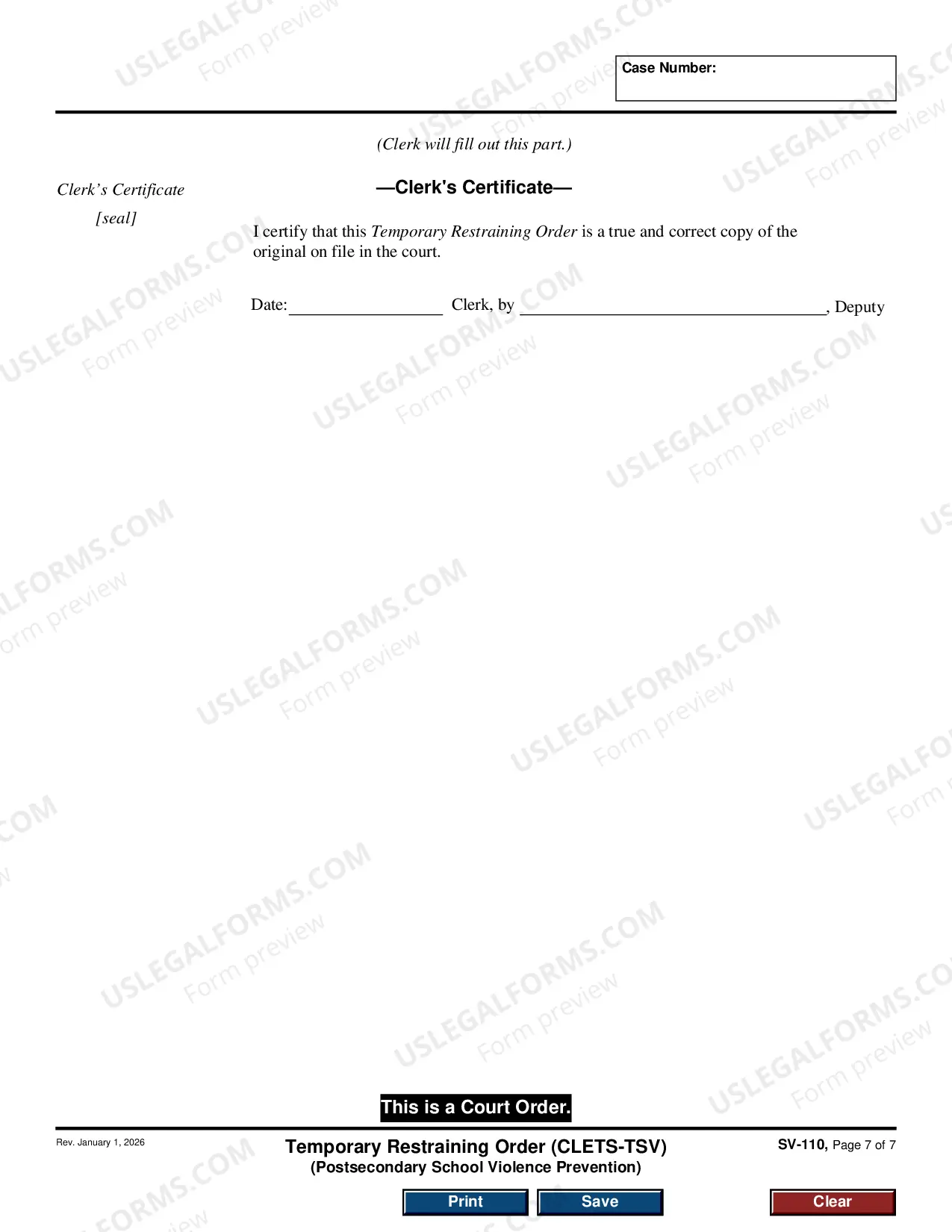 Preview Temporary Restraining Order - CLETS-TSV - Private Postsecondary School Violence Prevention