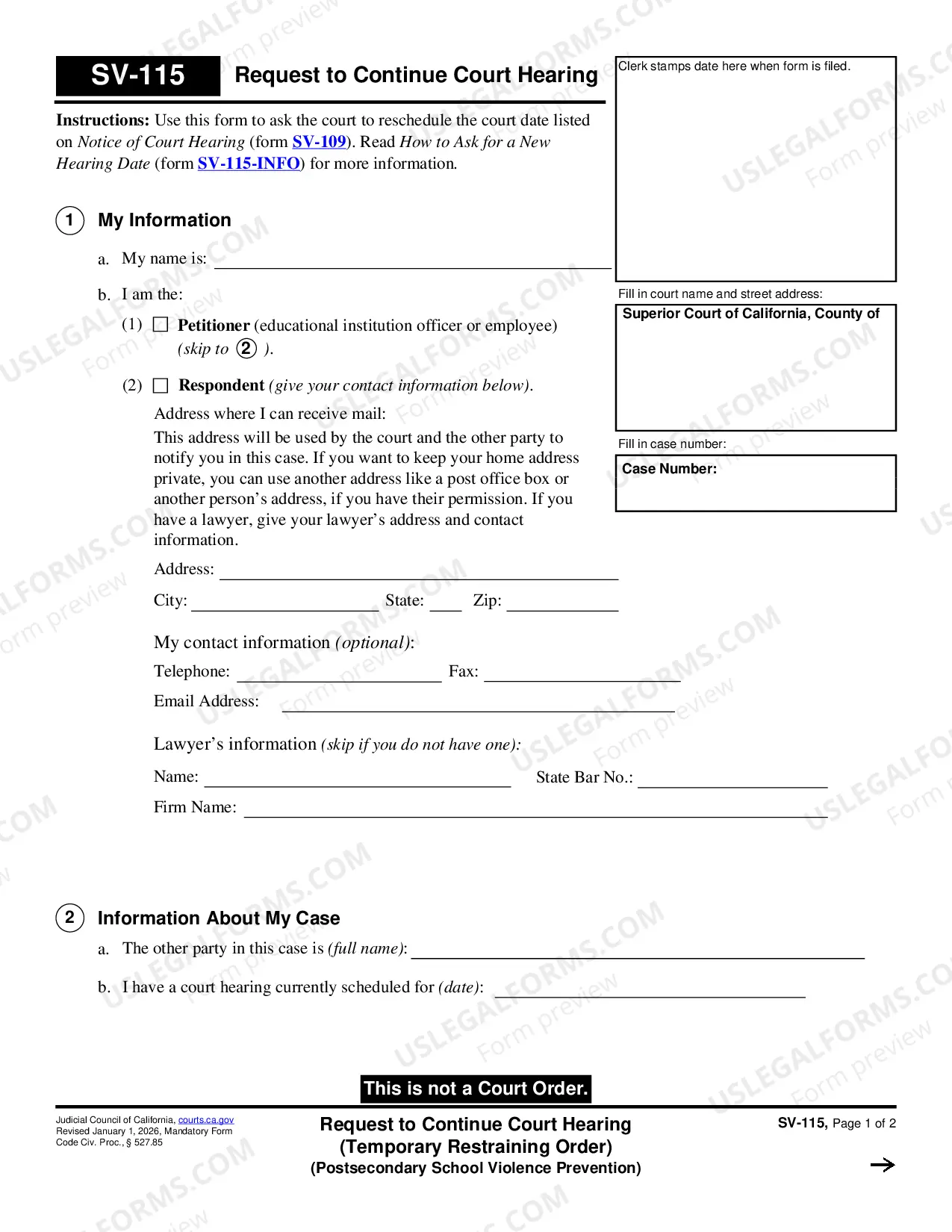 Preview Request to Continue Court Hearing - Temporary Restraining Order - Private Postsecondary School Violence Prevention