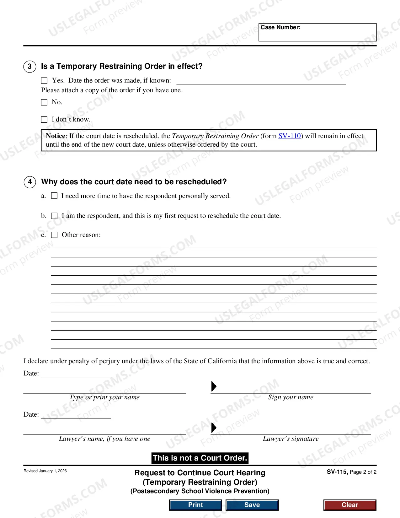 Preview Request to Continue Court Hearing - Temporary Restraining Order - Private Postsecondary School Violence Prevention