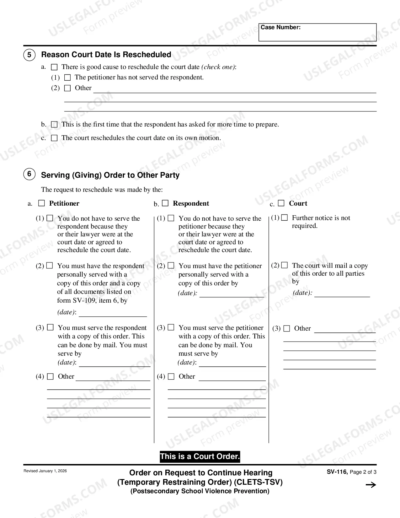 Preview Order on Request to Continue Hearing - Temporary Restraining Order - CLETS-TSV - Private Postsecondary School Violence Prevention