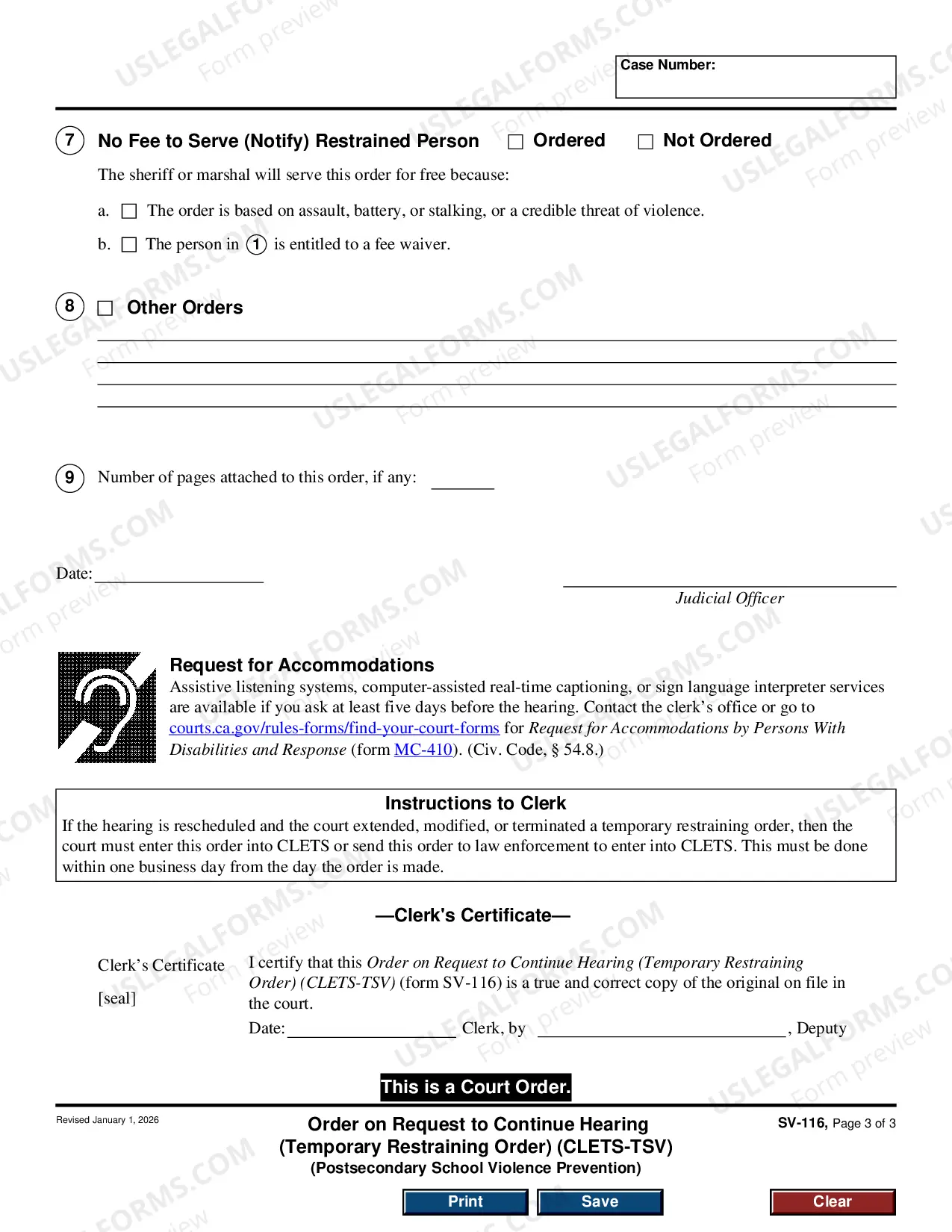 Preview Order on Request to Continue Hearing - Temporary Restraining Order - CLETS-TSV - Private Postsecondary School Violence Prevention