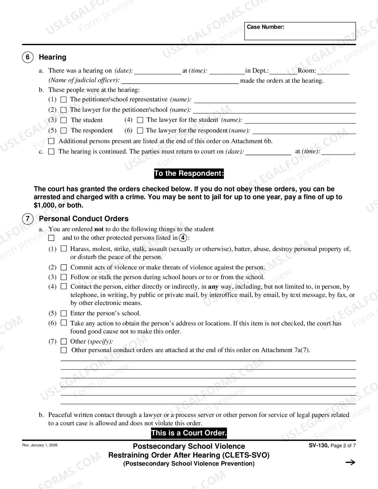Preview Private Postsecondary School Violence Restraining Order After Hearing - CLETS-SVO