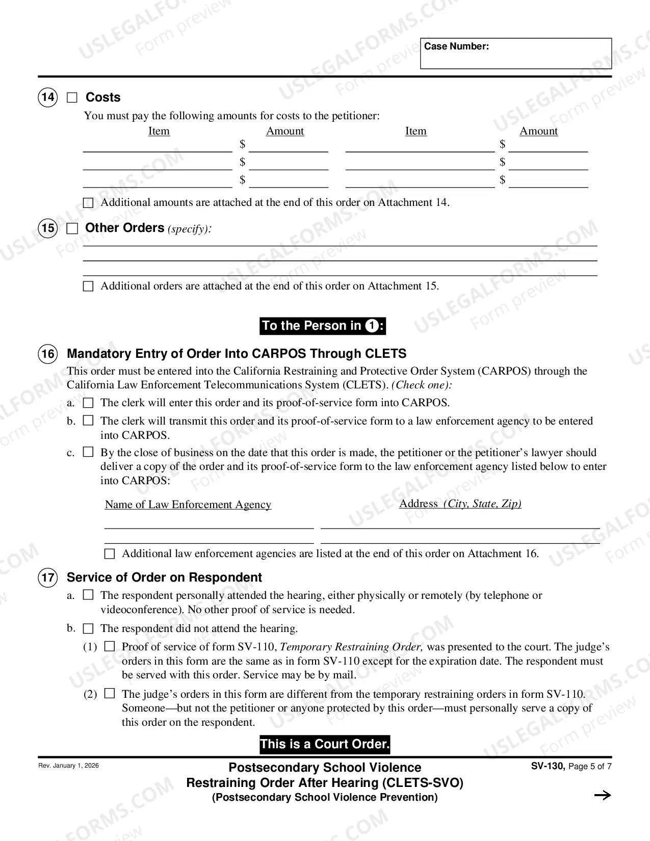 Preview Private Postsecondary School Violence Restraining Order After Hearing - CLETS-SVO