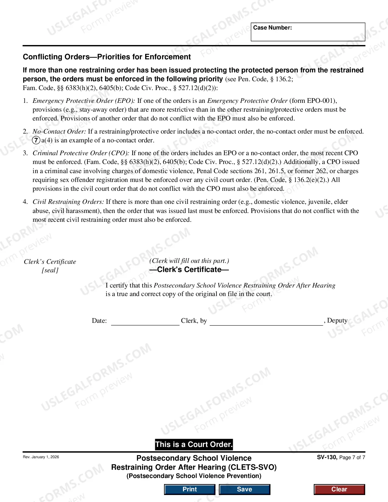 Preview Private Postsecondary School Violence Restraining Order After Hearing - CLETS-SVO
