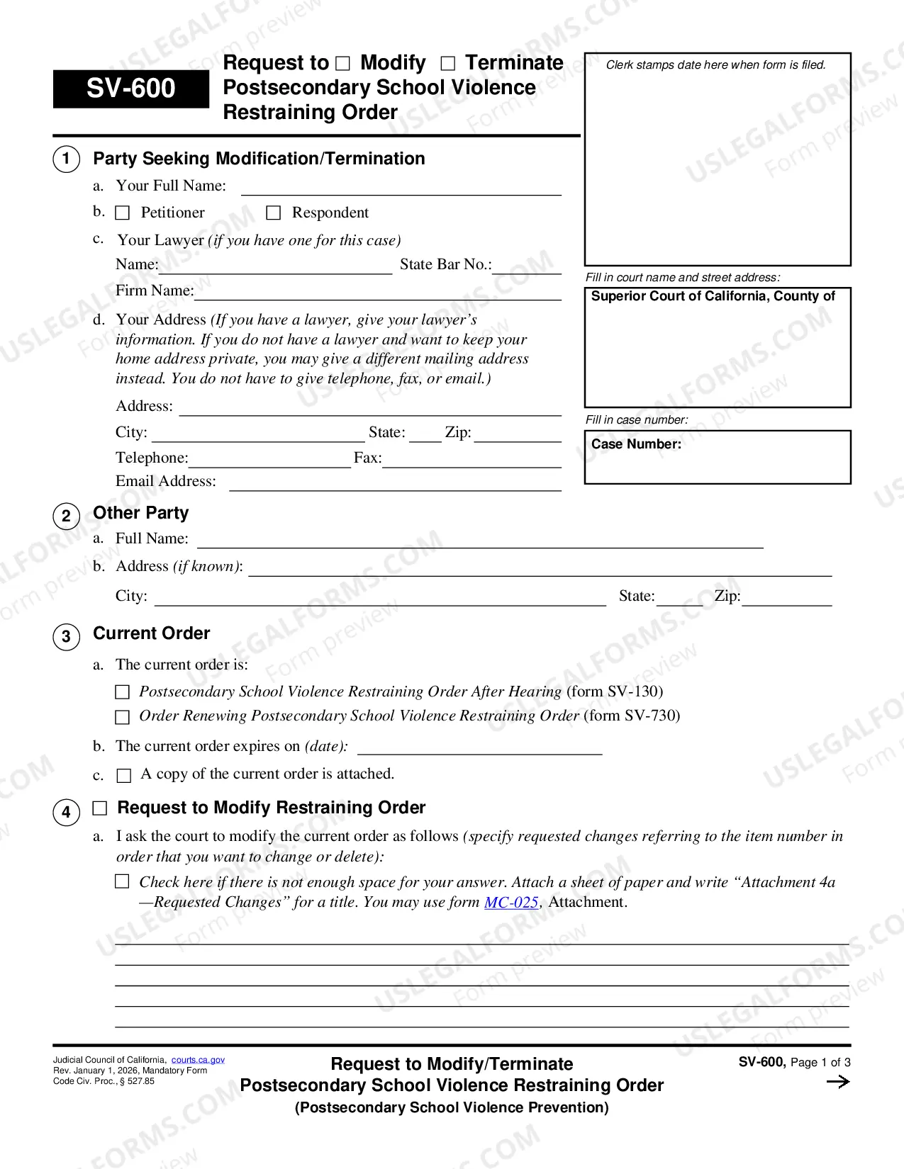 Preview Request to Modify or Terminate Private Postsecondary School Violence Restraining Order