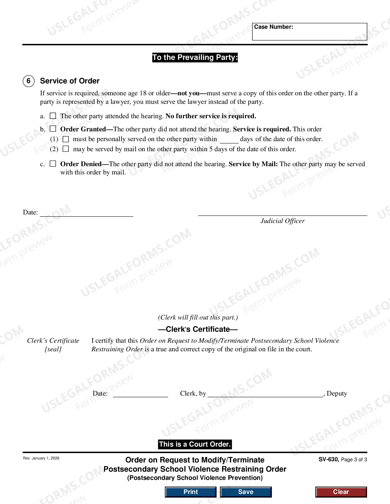 Preview Order on Request to Modify or Terminate Private Postsecondary School Violence Restraining Order