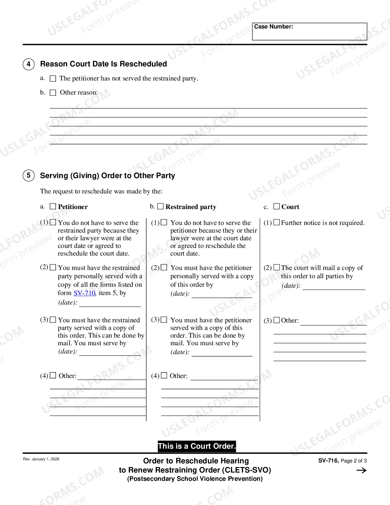 Preview Order to Reschedule Hearing to Renew Restraining Order - Private Postsecondary School Violence Prevention