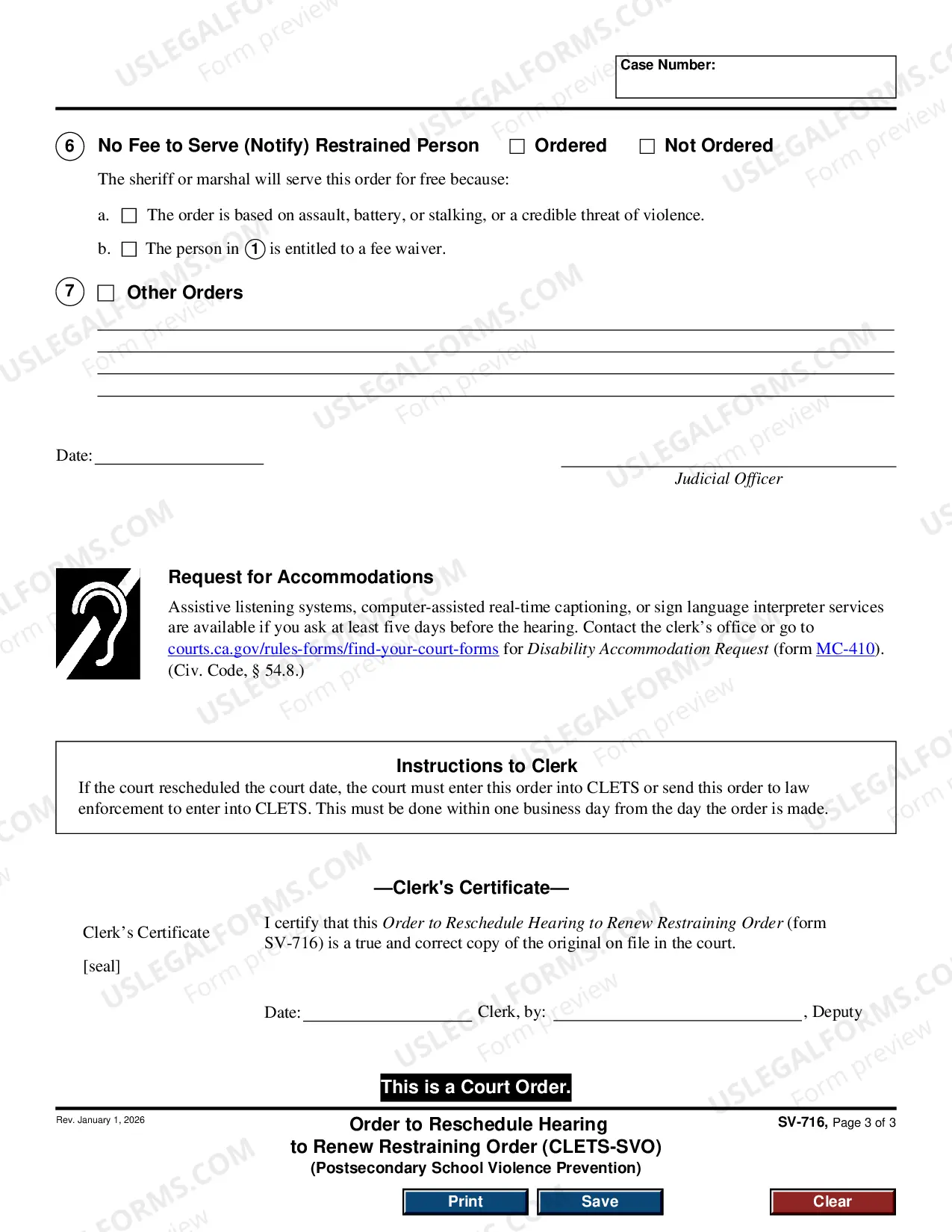 Preview Order to Reschedule Hearing to Renew Restraining Order - Private Postsecondary School Violence Prevention