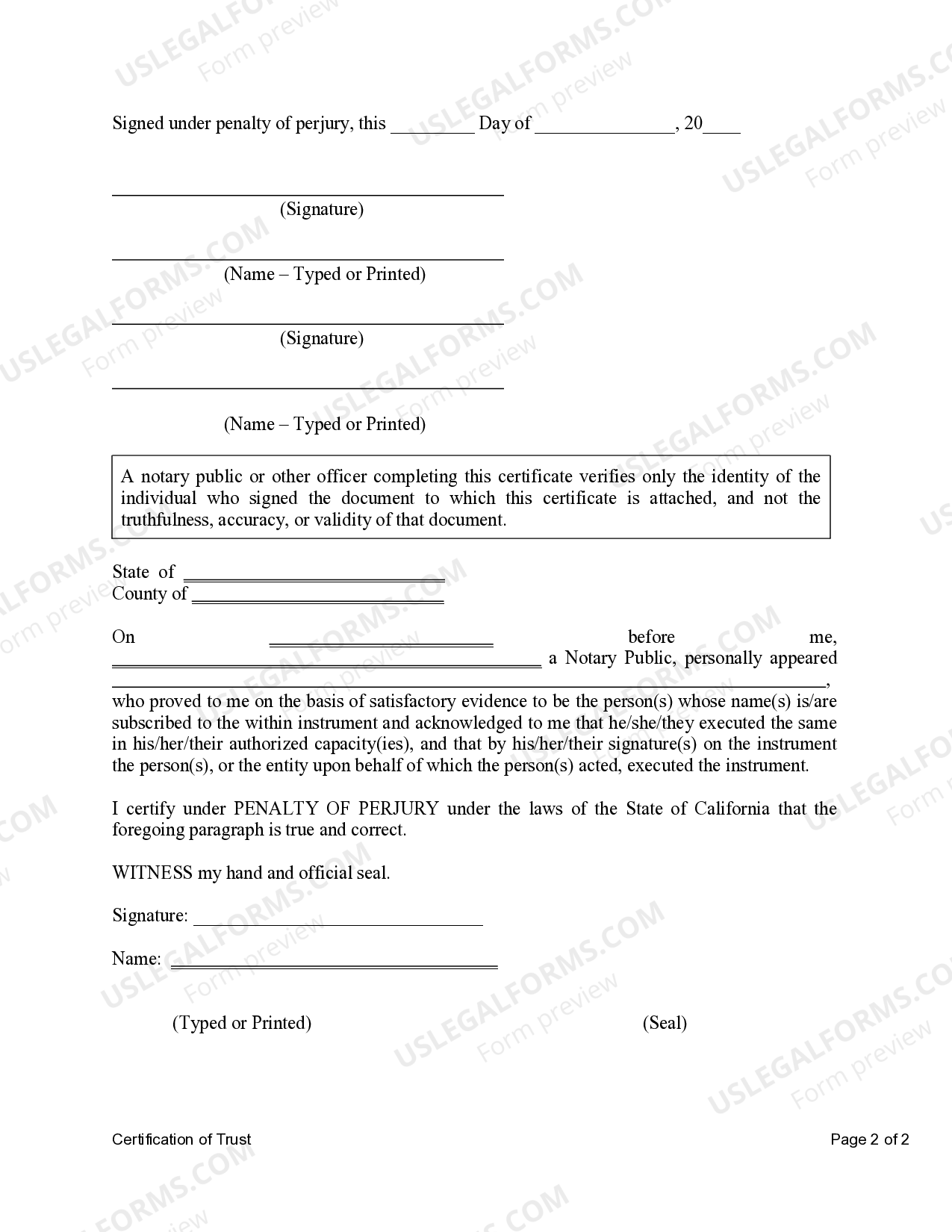 California Certification of Trust | US Legal Forms