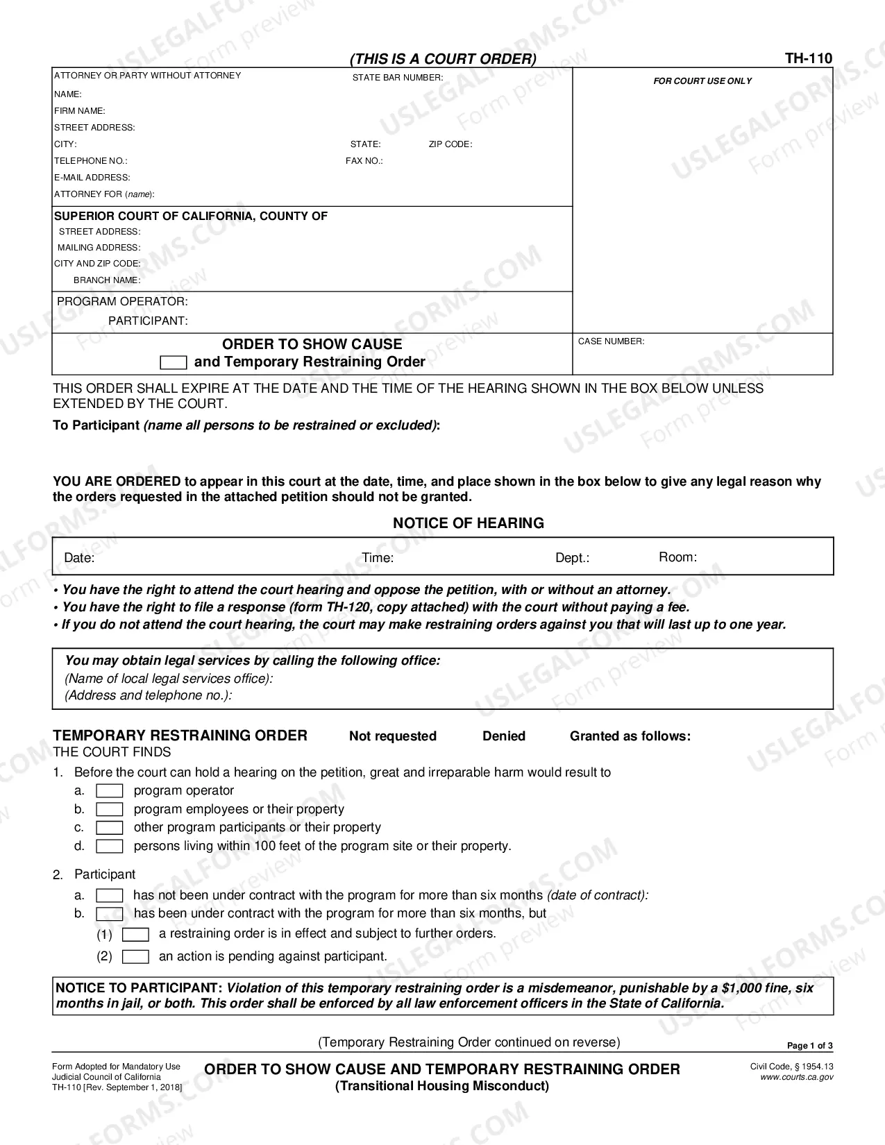 Preview Order to Show Cause and Temporary Restraining Order - Transitional Housing Misconduct