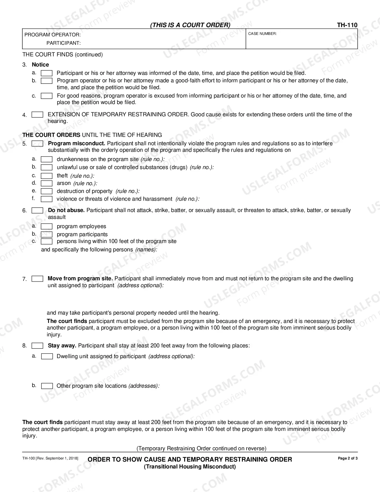 Preview Order to Show Cause and Temporary Restraining Order - Transitional Housing Misconduct