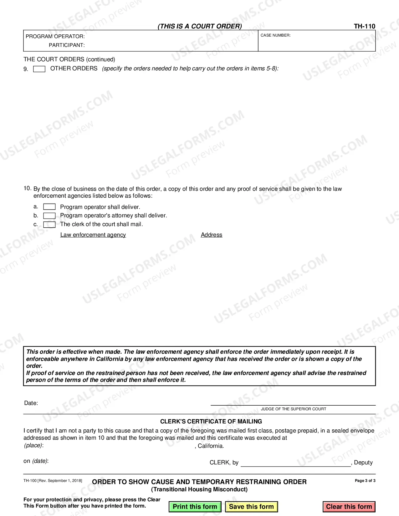 Preview Order to Show Cause and Temporary Restraining Order - Transitional Housing Misconduct