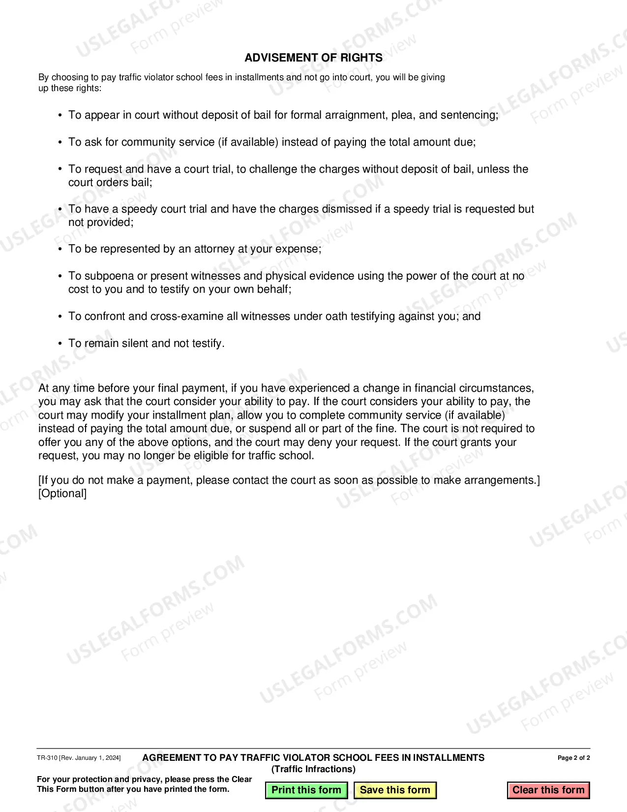 Preview Agreement to Pay Traffic Violator School Fees in Installments