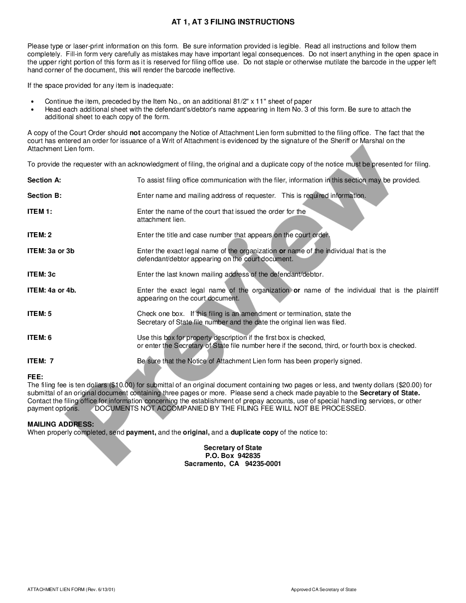 page 0 California UCC Notice of Attachment Lien / Termination / Amendment preview