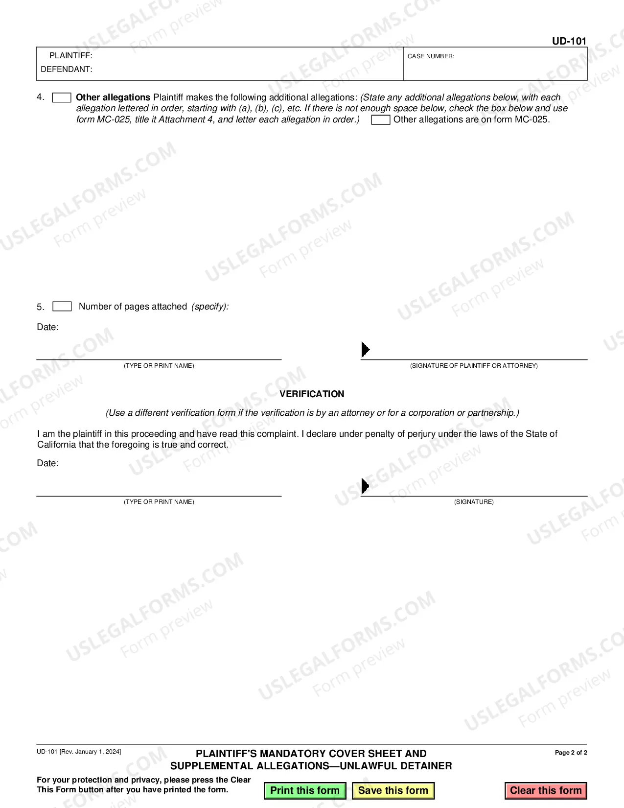 Preview Plaintiff's Mandatory Cover Sheet and Supplemental Allegations - Unlawful Detainer