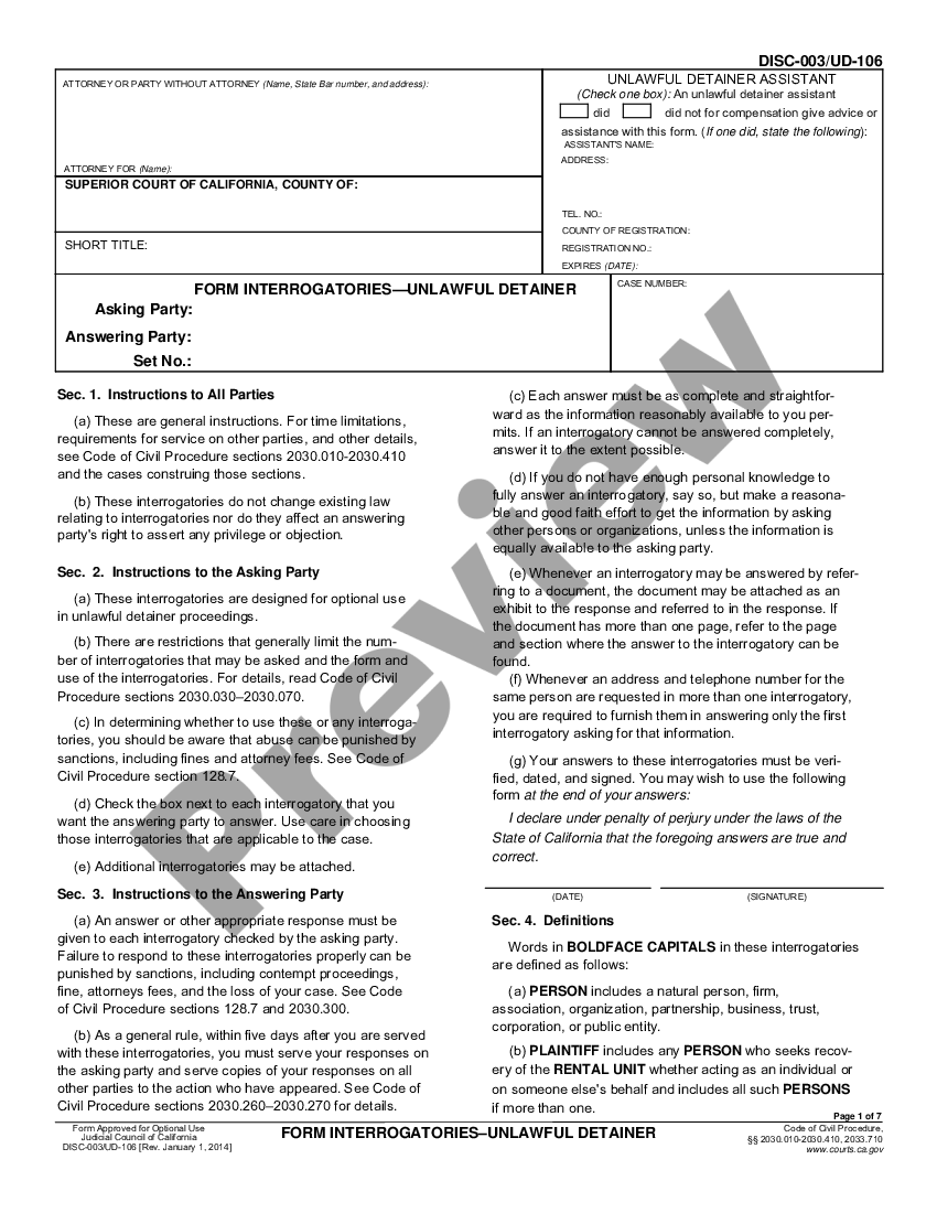 Form Interrogatories Unlawful Detainer