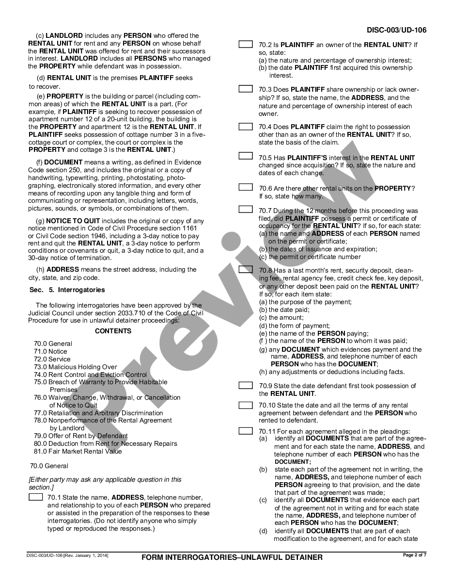 page 1 Form Interrogatories - Unlawful Detainer preview
