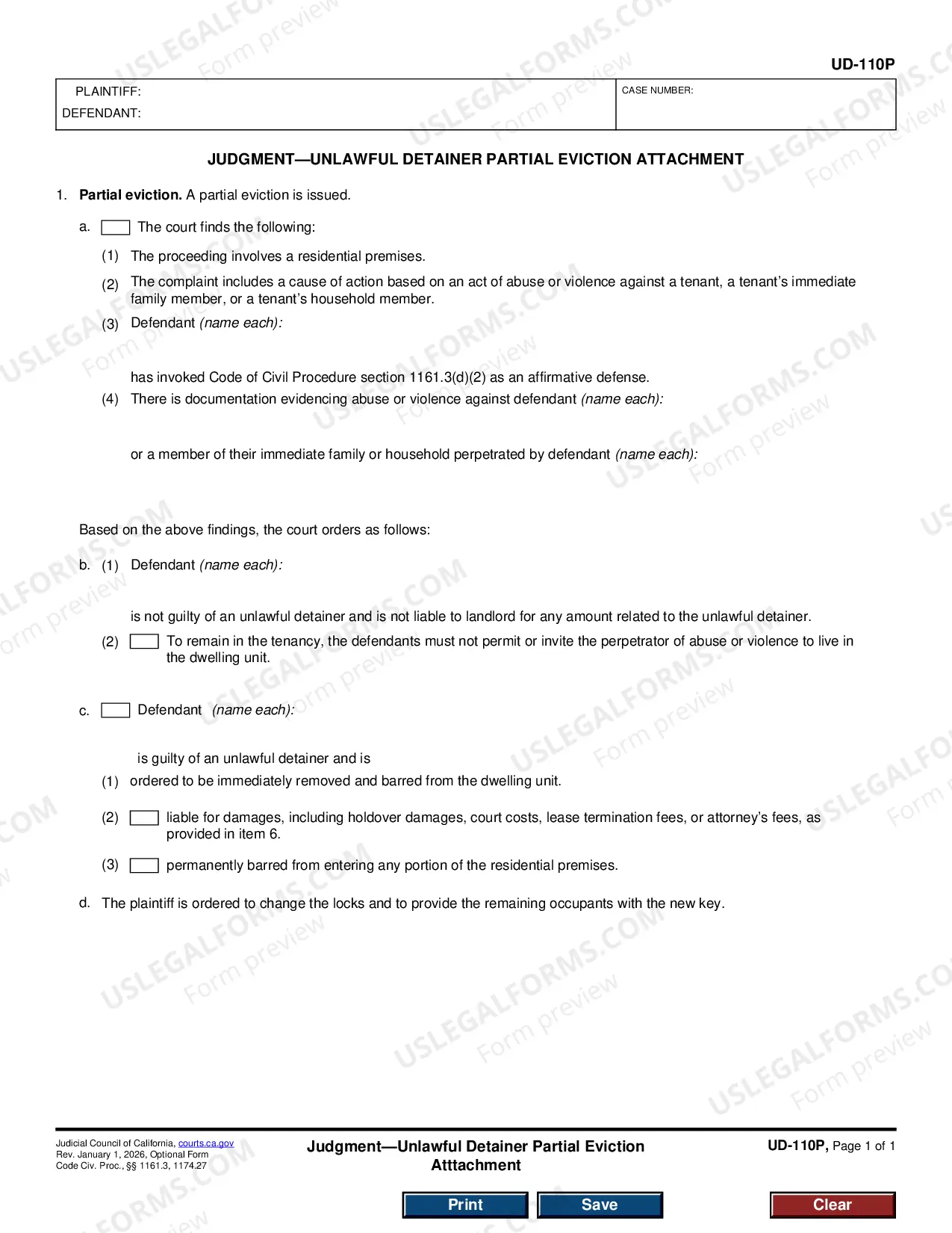 Preview Judgment - Unlawful Detainer Partial Eviction Attachment
