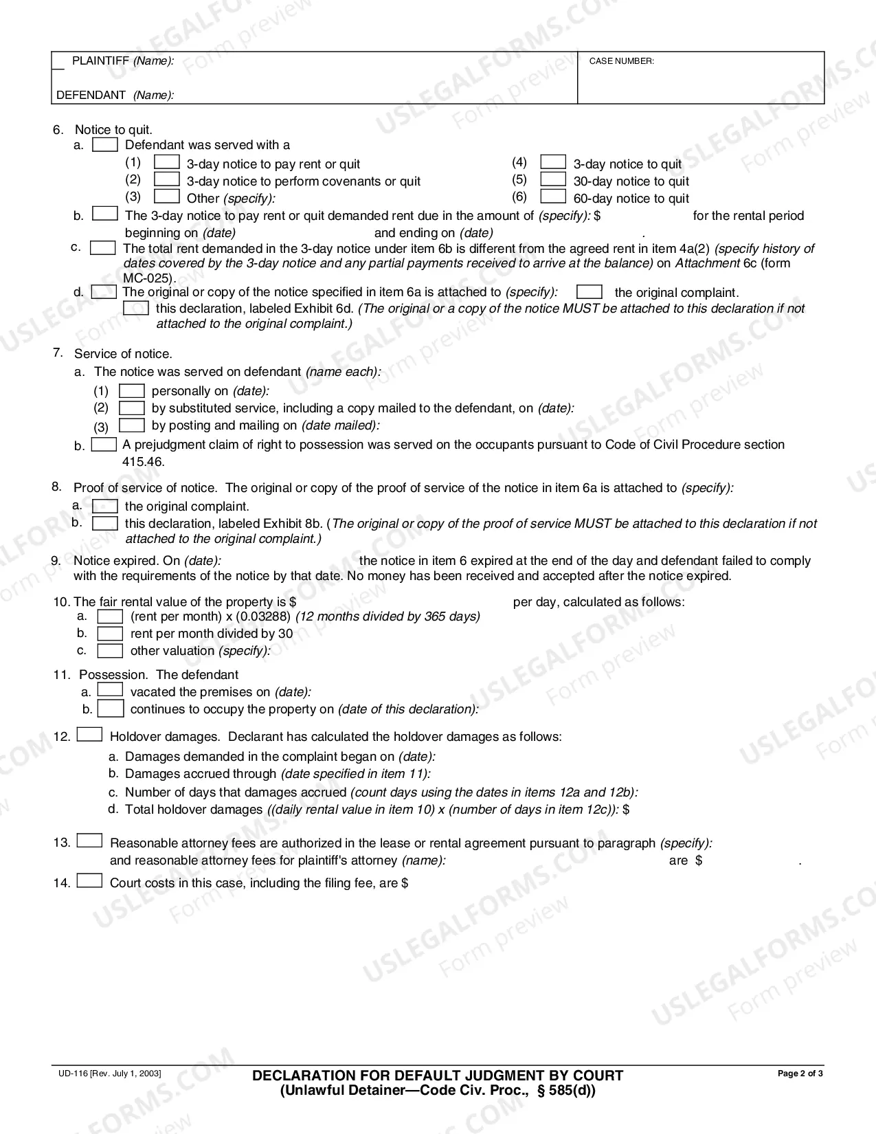 Preview Declaration for Default Judgment by Court - Unlawful Detainer - Civil Procedure 585d