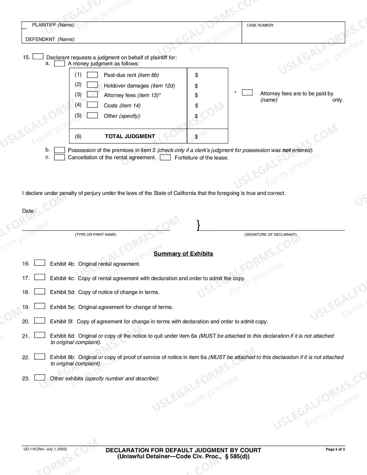 Preview Declaration for Default Judgment by Court - Unlawful Detainer - Civil Procedure 585d