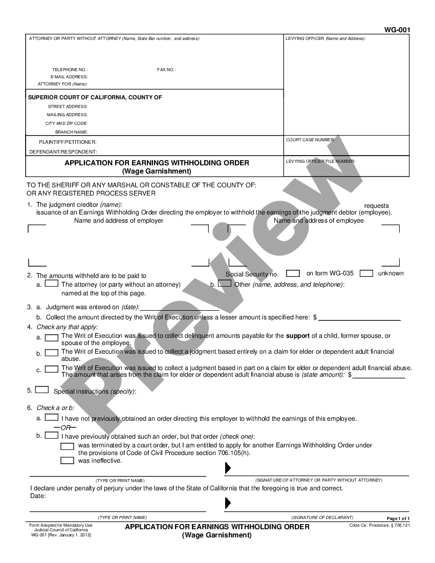 California Application for Earnings Withholding Order Wage